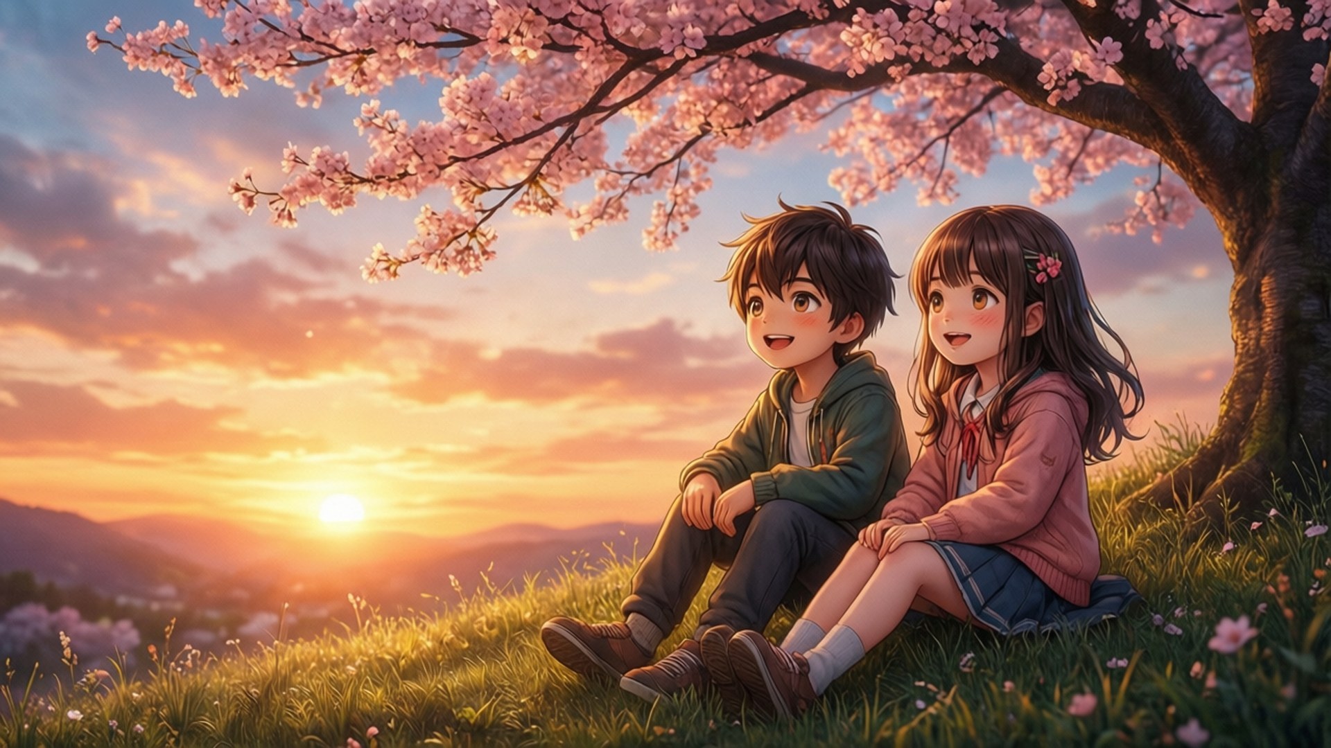 兩個孩子坐在櫻花樹下，夕陽西下，草地上
