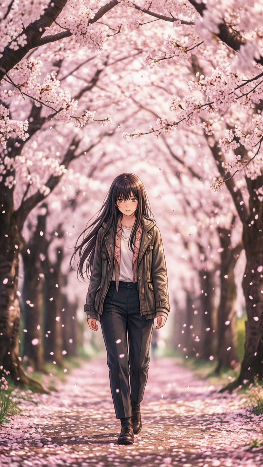 動漫女孩在櫻花樹下行走，花瓣飄落。