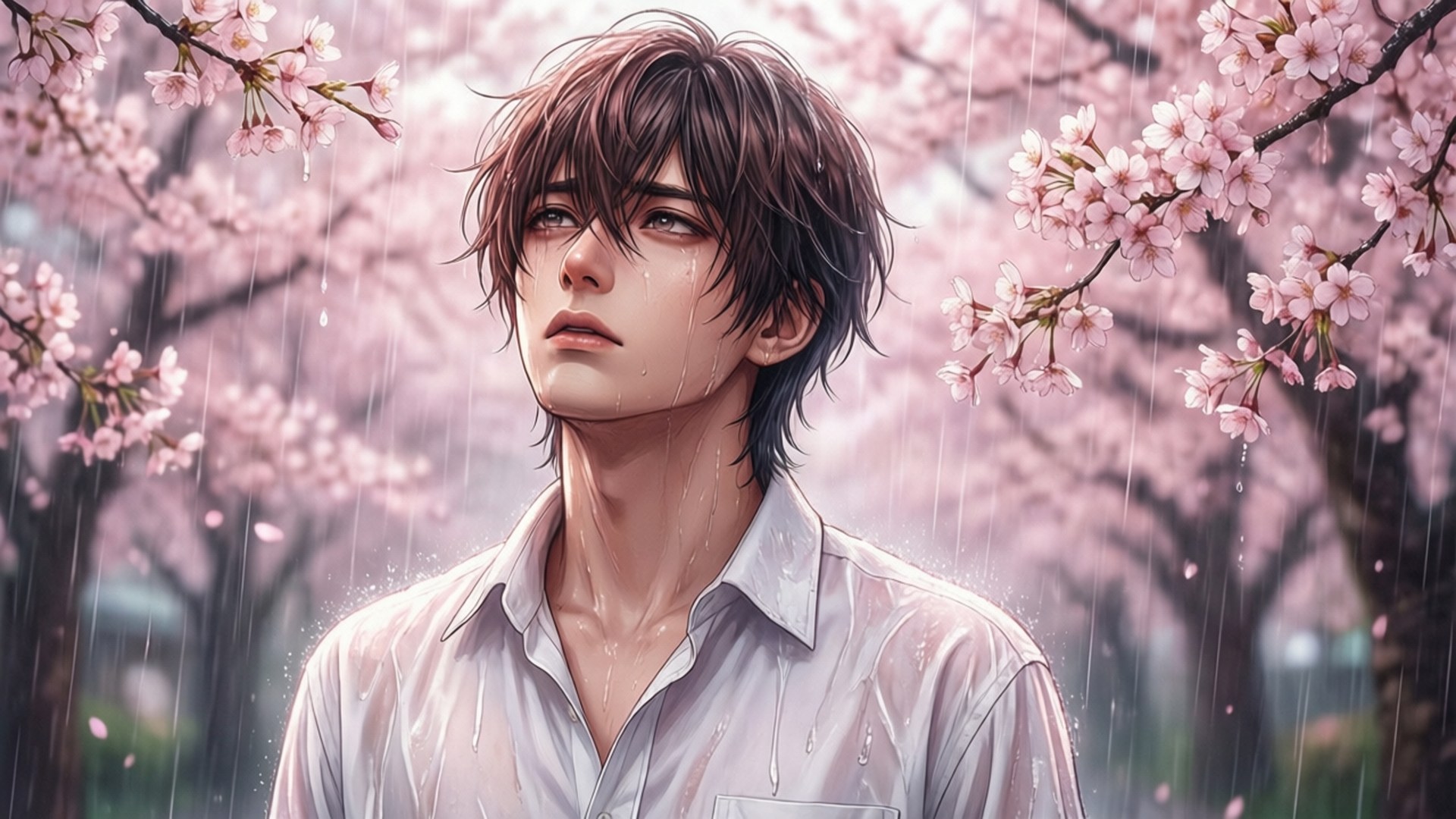 年輕男子濕髮站在雨中櫻花樹下