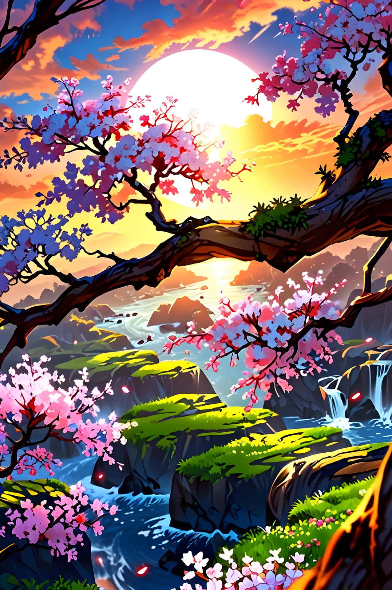 櫻花框住瀑布和岩石海岸上的夕陽