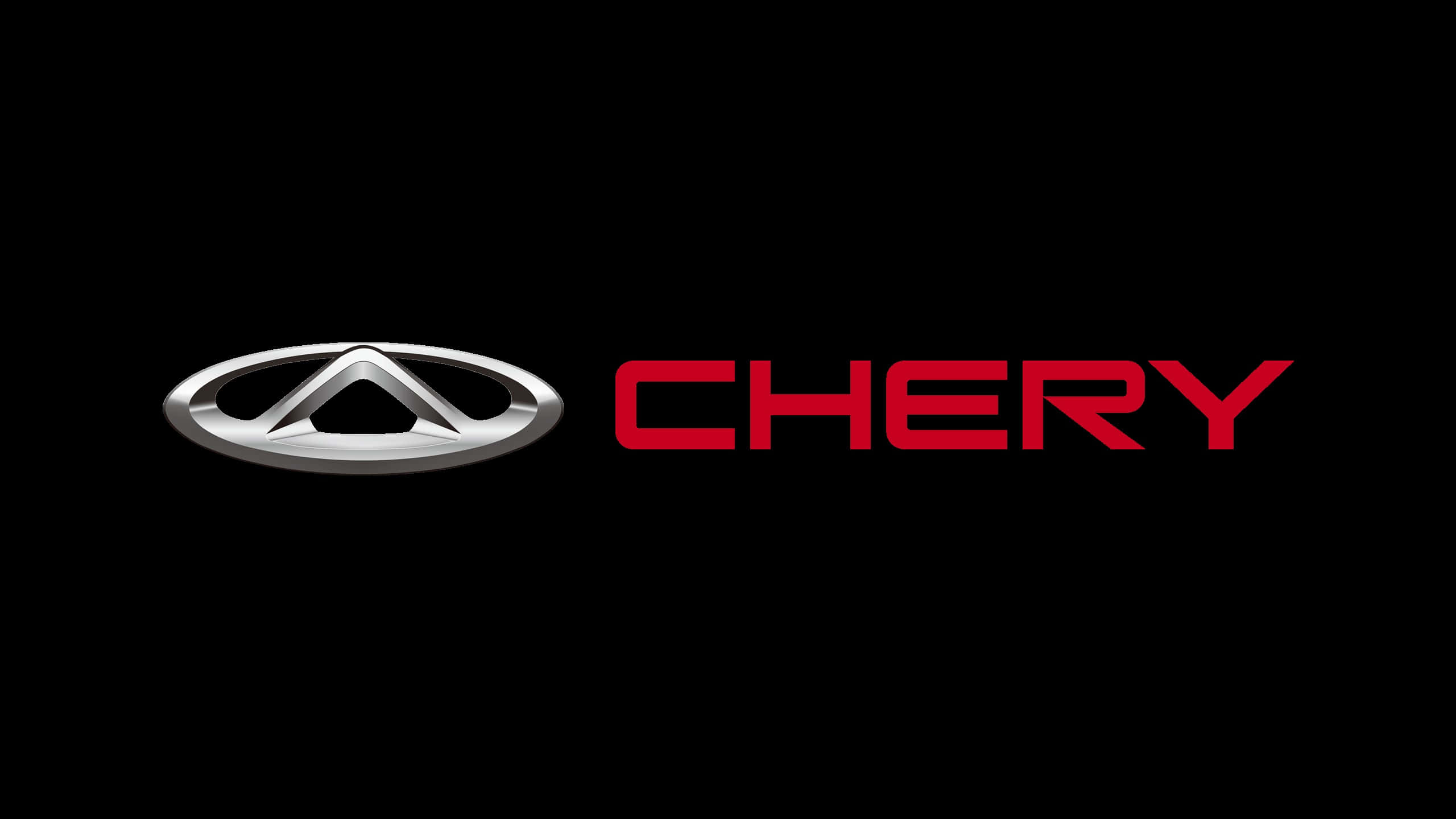 Chery 桌布 壁紙 — Chery 標誌在純黑背景上閃耀著金屬銀和鮮紅色。