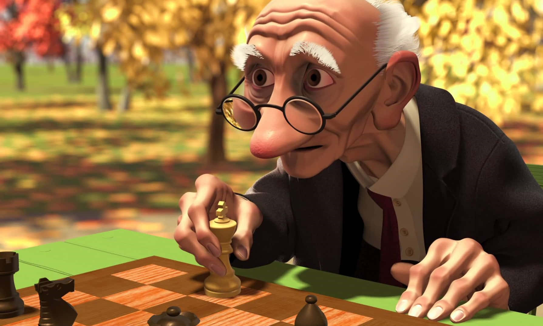  壁紙 — 一位戴眼鏡的長者在陽光明媚的秋日公園中，專注地移動棋盤上的棋子。