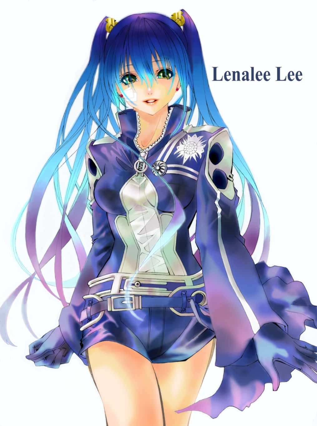  壁紙 — 長藍色頭髮和紫色服裝的動漫女孩自信地站在白色背景前。