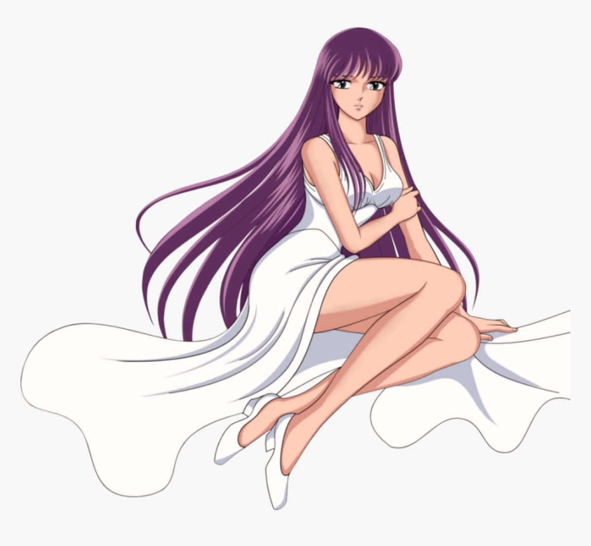  壁紙 — 長紫色頭髮的動漫女孩，穿著飄逸的白色連衣裙，優雅地坐在素色背景前。