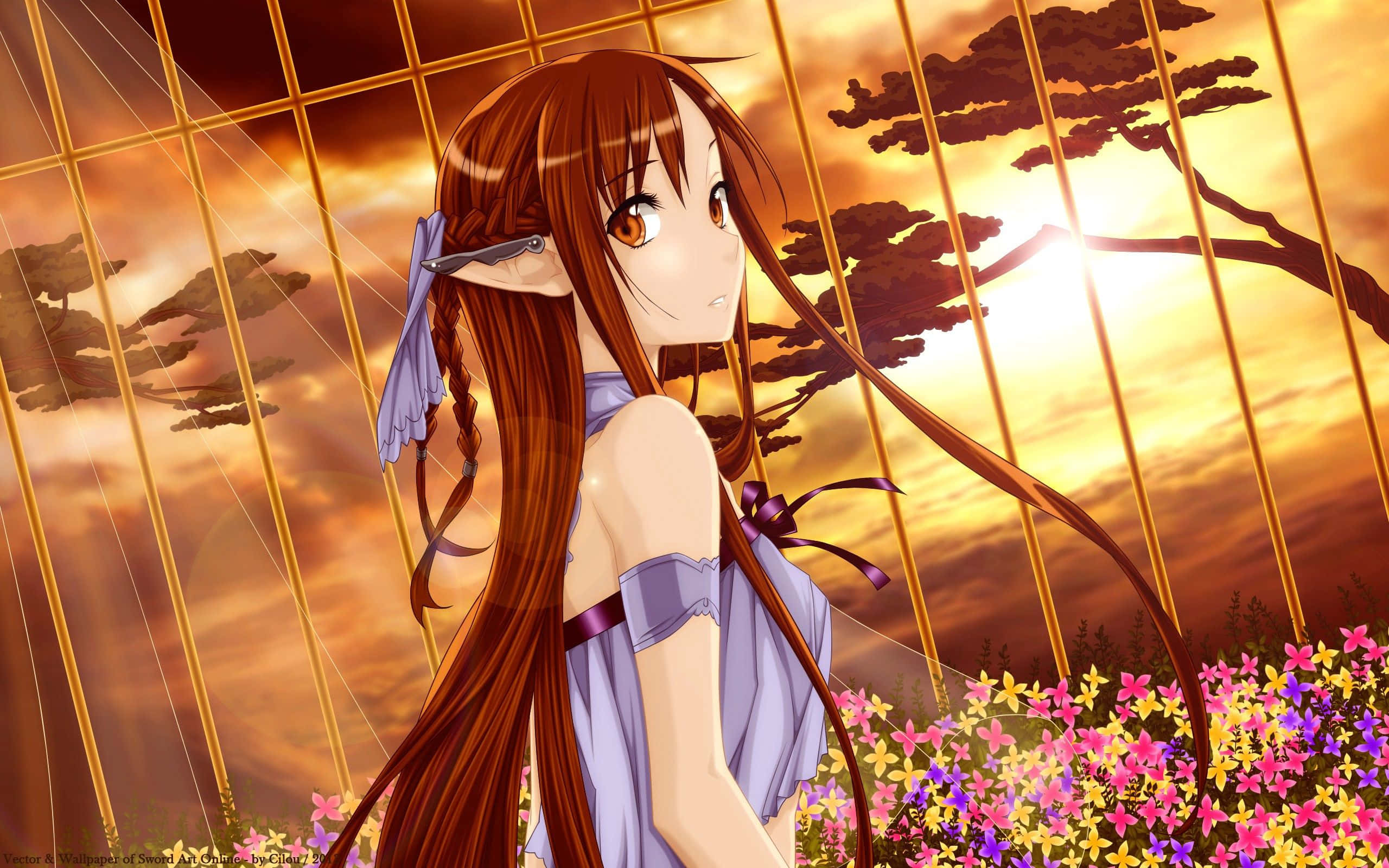 Yuuki Asuna 桌布 壁紙 — 長棕髮紫蝴蝶結的動漫女孩站在夕陽下金色欄杆後面的彩色花田裡。