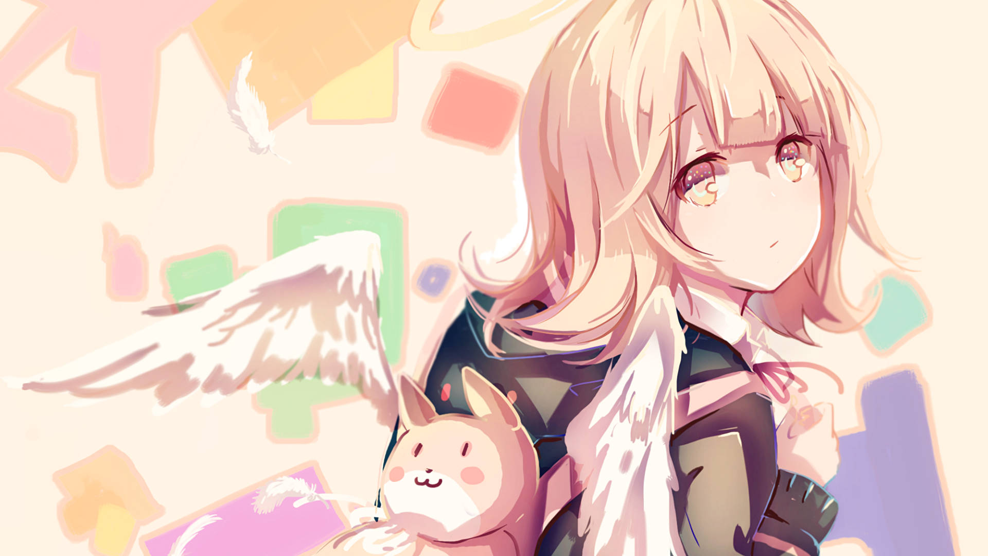 Chiaki Nanami 彈丸論破角色 壁紙 — 一個柔軟的動漫女孩，擁有天使翅膀和可愛的兔子毛絨玩具，在柔和抽象的背景下溫柔地微笑。