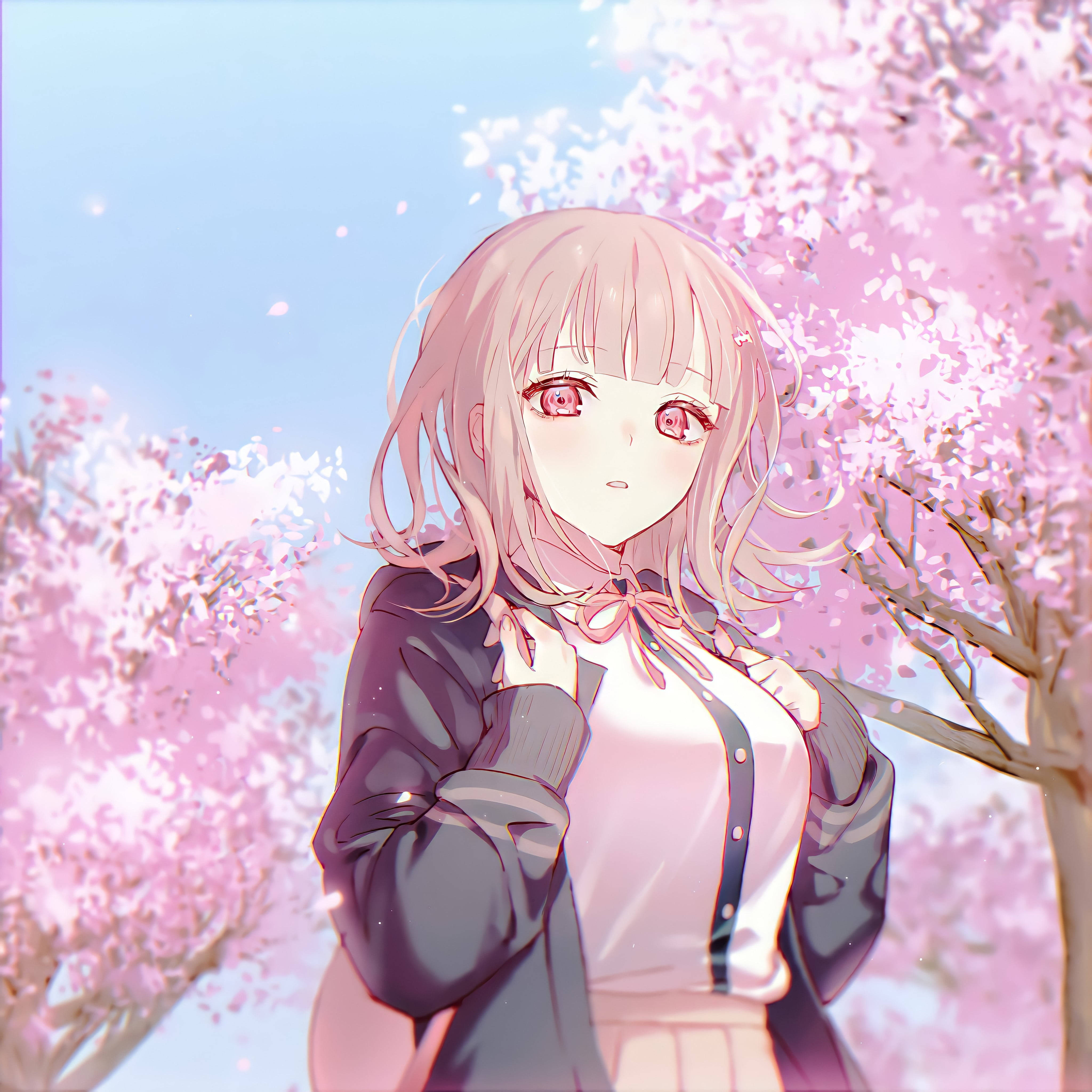 Chiaki Nanami 櫻花背景 壁紙 — 一位粉紅色頭髮的動漫女孩穿著校服，站在晴朗藍天下盛開的櫻花樹下。