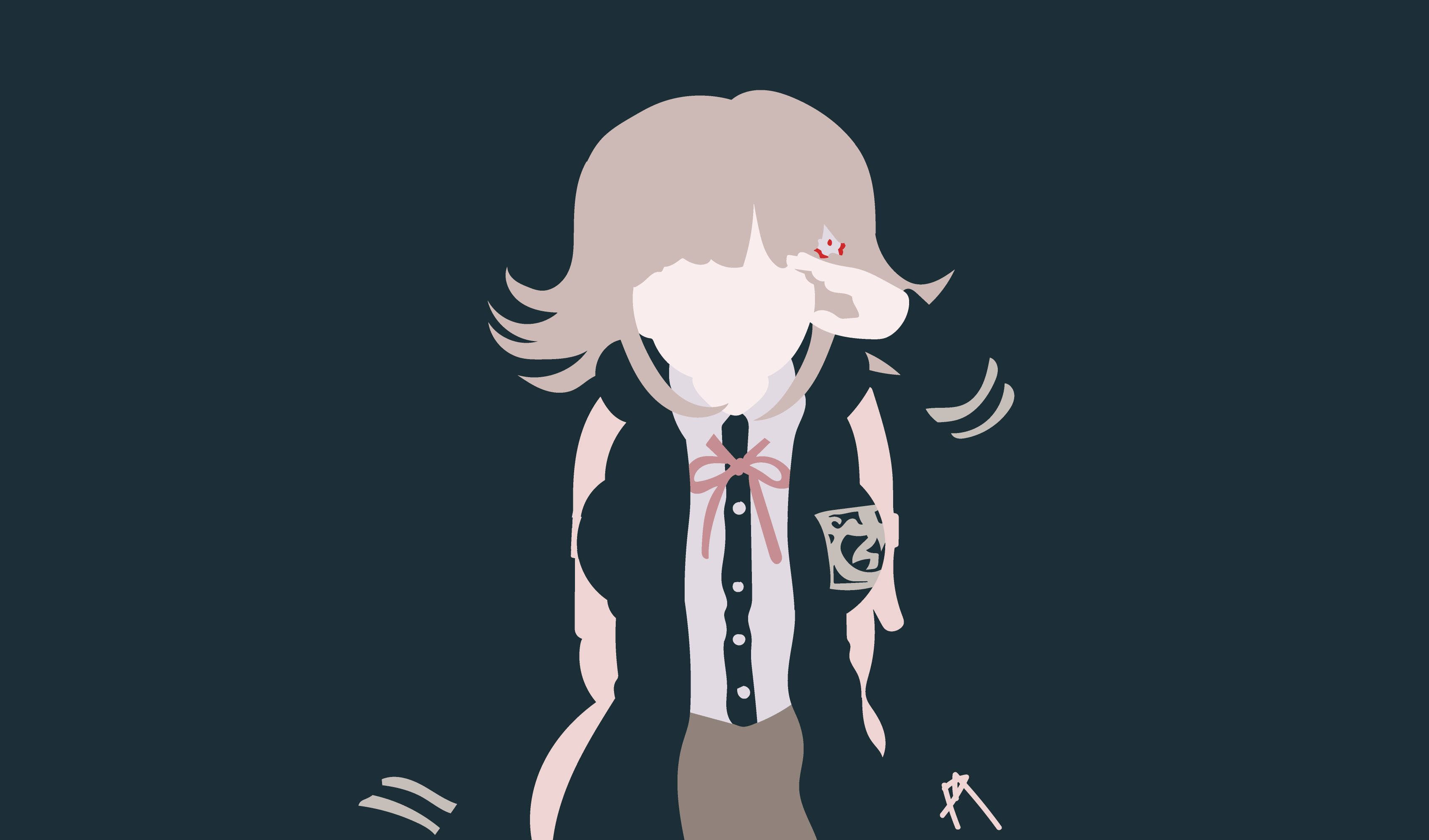 Chiaki Nanami 矢量藝術 壁紙 — 一個風格化的動漫女孩，淺色頭髮，穿著校服，站在深色背景前，拿著杯子擦眼睛。