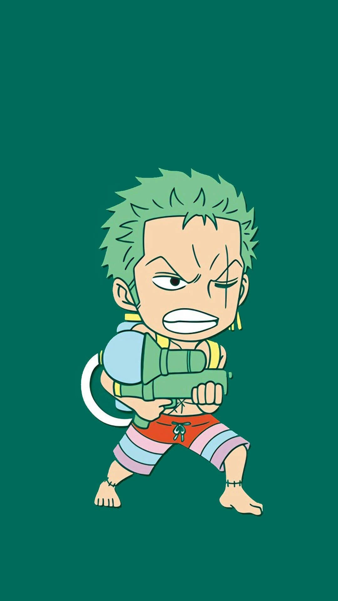 綠色頭髮的Q版動漫戰士以戰鬥姿勢手持武器。