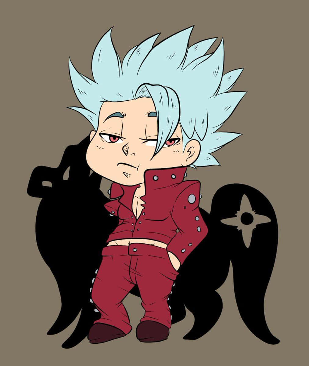 Seven Deadly Sins Ban 桌布 壁紙 — Q版動漫角色，藍色尖刺頭髮，紅色服裝，在棕色背景前擺出不高興的表情。