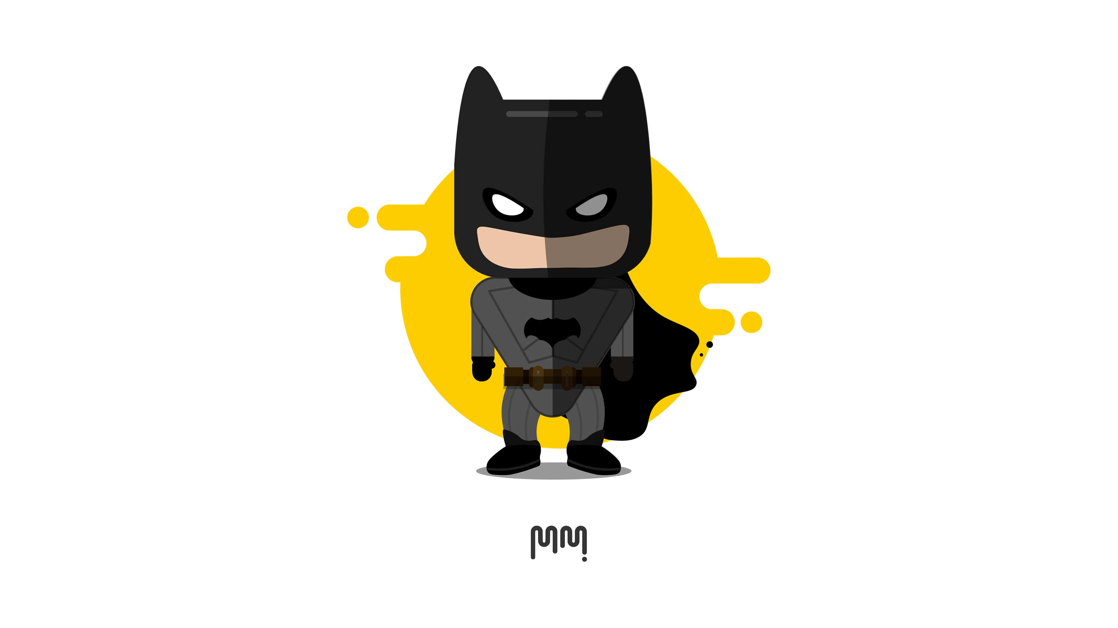小蝙蝠俠美學數位藝術 壁紙 — Chibi Batman 自信地站在大膽的黃色潑濺背景前，這是一幅極簡的數位插畫。