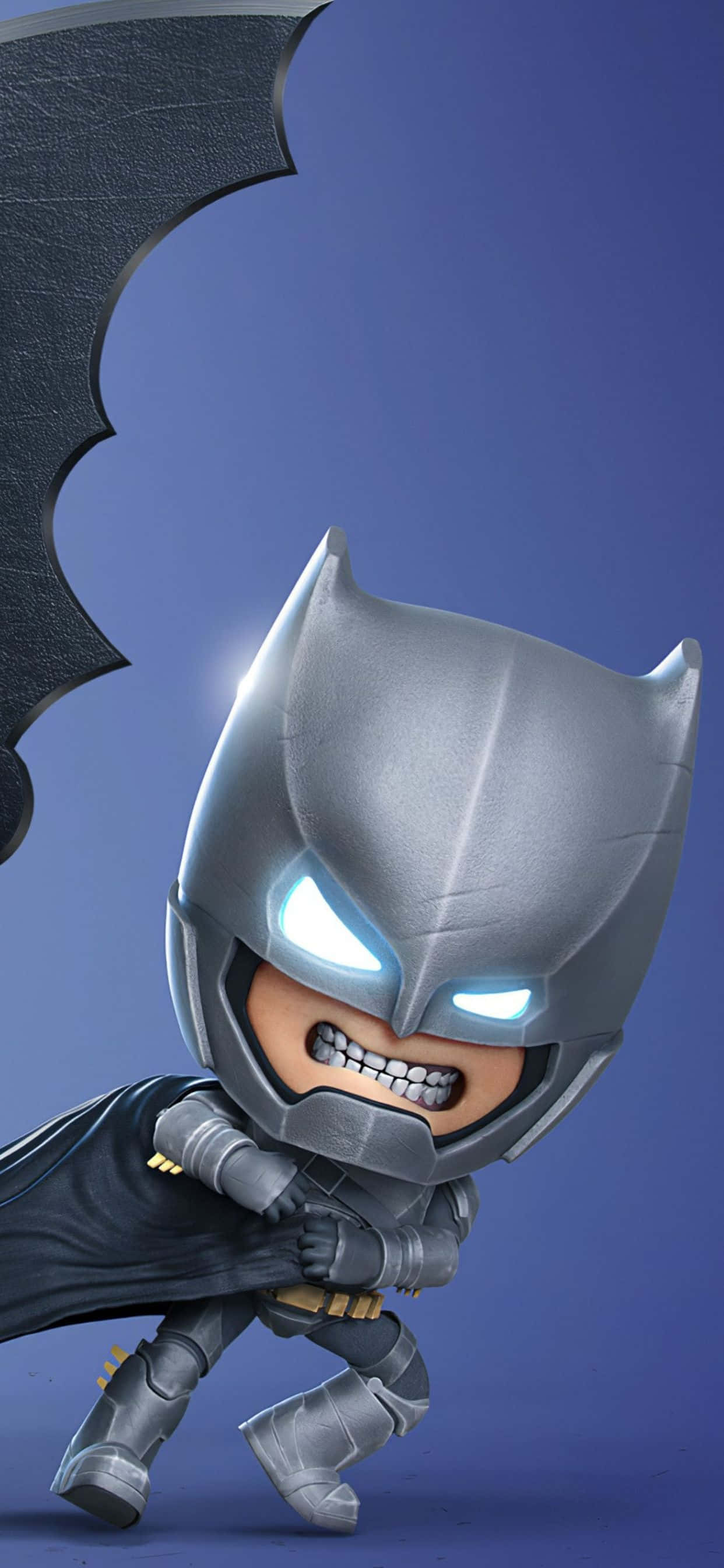 iPhone XS Max 桌布 壁紙 — Chibi Batman 身穿銀色盔甲，眼睛發光，披著蝙蝠標誌斗篷，在純藍色背景前動態擺姿勢。
