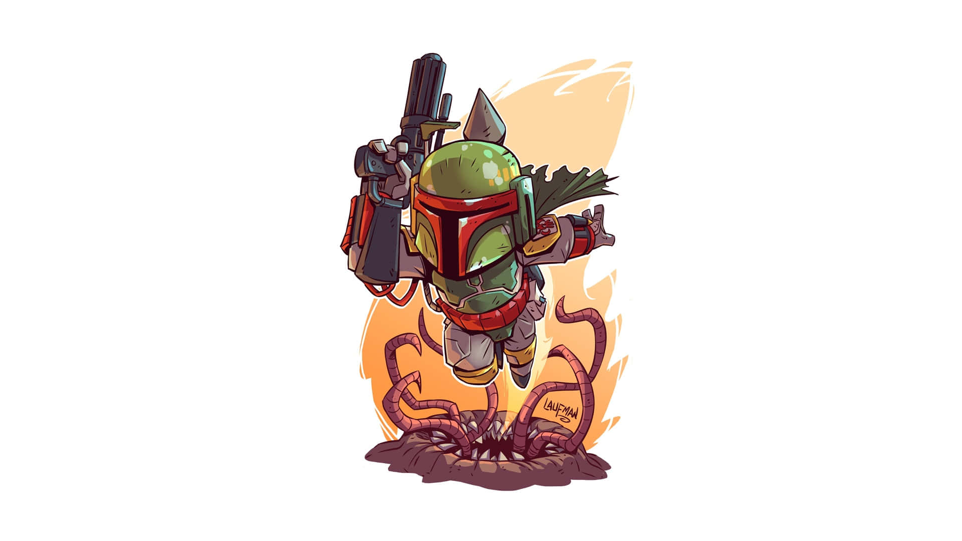 Jango Fett 桌布 壁紙 — Chibi Boba Fett 從熾熱爆炸中動態躍起，高舉爆能槍，披風飄揚。