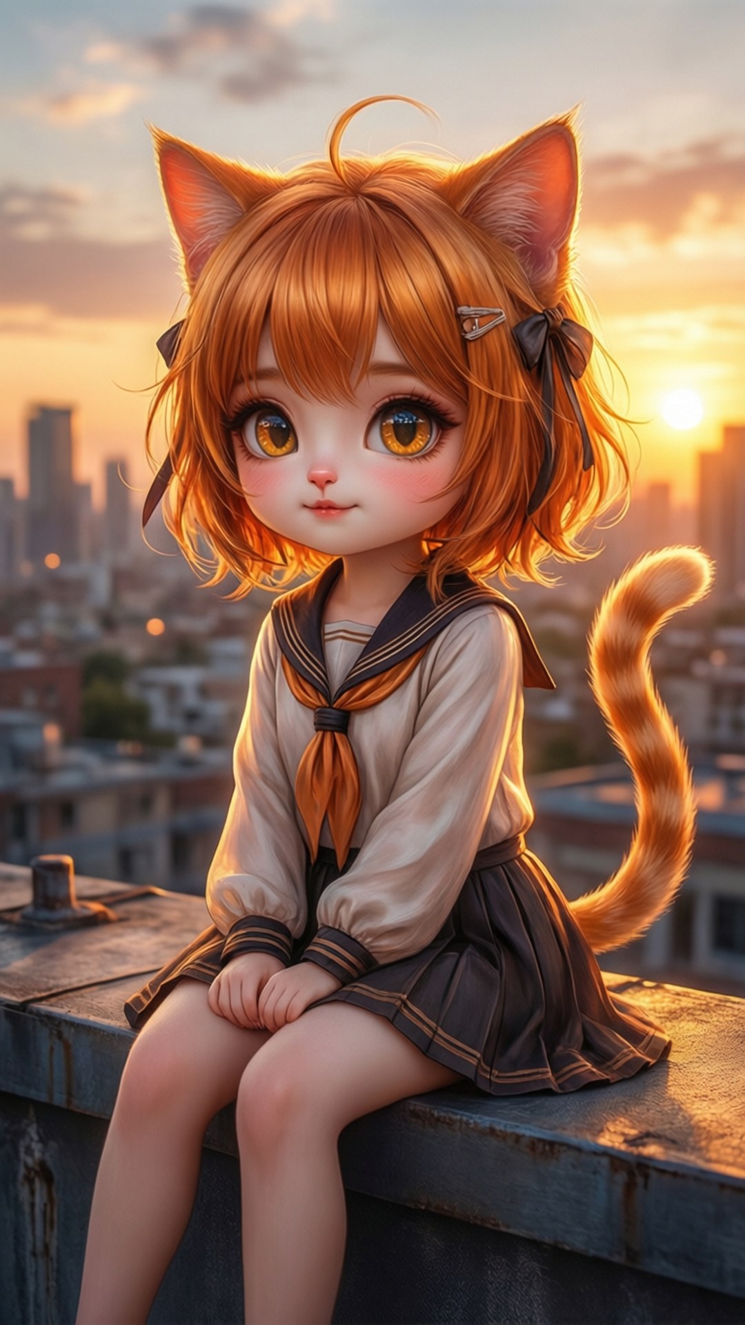 橙色頭髮耳朵的貓娘穿水手服坐屋頂日落俯瞰城市