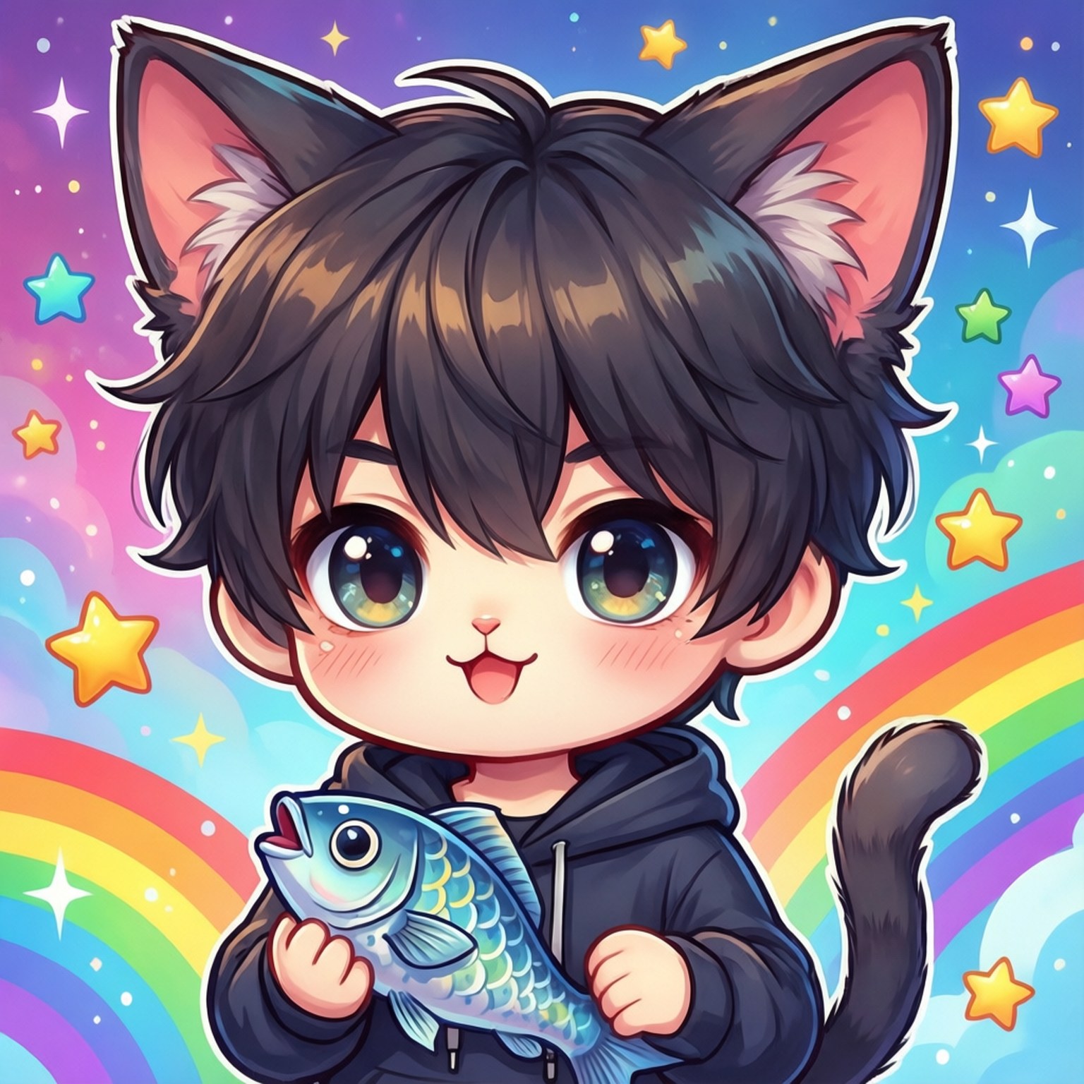 Q版動漫男孩貓耳拿著魚在彩虹和星星下