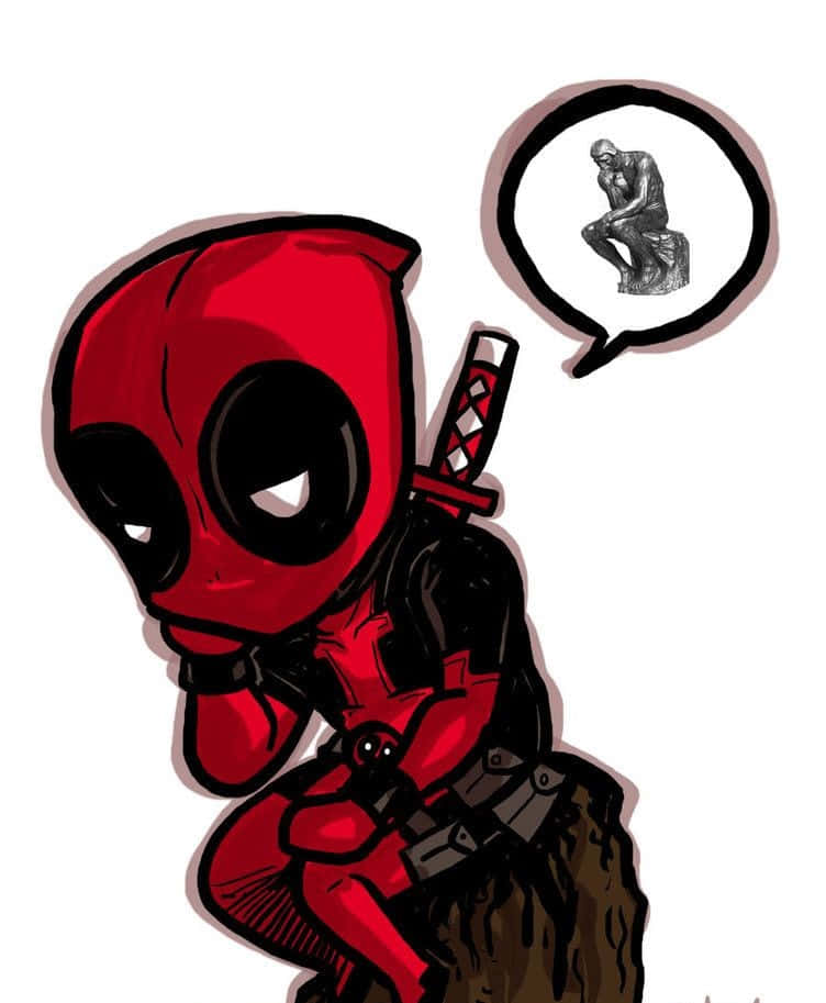 Deadpool Cartoon 桌布 壁紙 — Chibi Deadpool 拿著武士刀沉思，他的對話氣泡顯示羅丹的思想者。