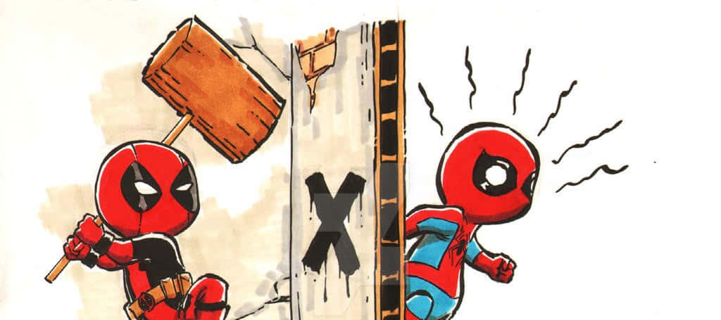 Deadpool And Spiderman 桌布 壁紙 — Chibi Deadpool 用錘子砸門，蜘蛛俠在另一邊看起來很震驚。