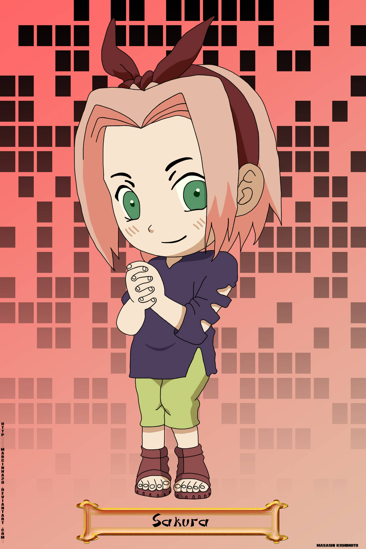 Chibi動漫女孩，粉紅色頭髮和綠色眼睛，在像素化粉紅色背景中微笑。