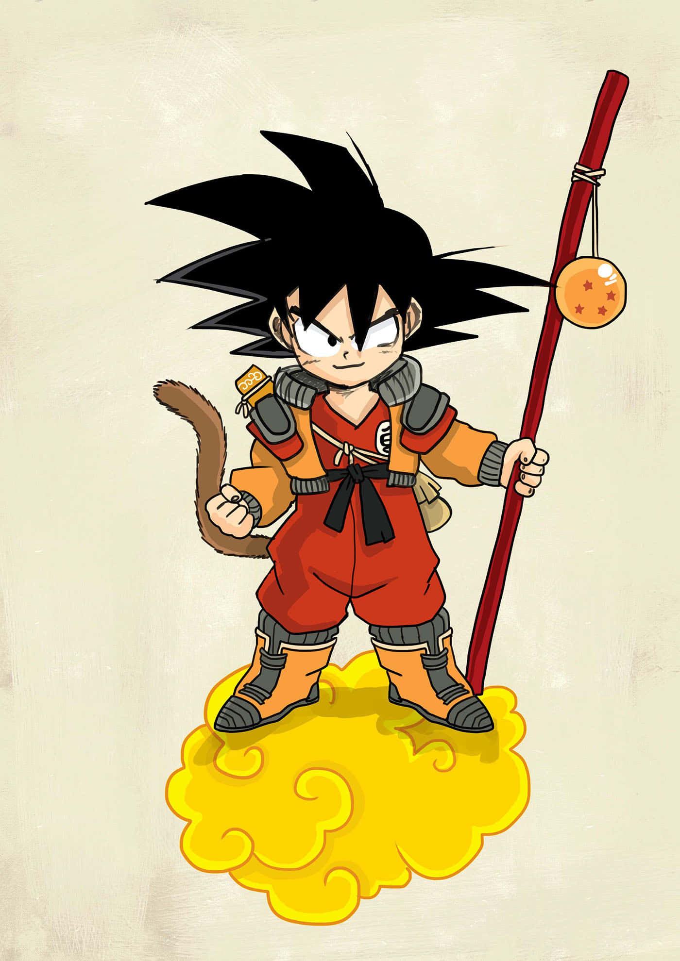 Dragon Ball Characters 桌布 壁紙 — Chibi Goku 自信地站在黃色雲上，手持帶有龍珠吊墜的紅色杖。
