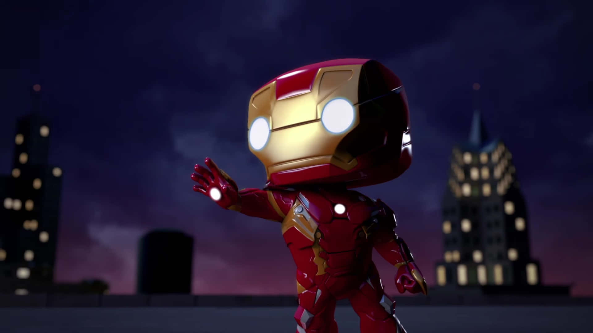 Iron Man Pop Figures 桌布 壁紙 — Chibi Iron Man 夜晚企喺屋頂，發光嘅眼睛同斥力手對住城市天際線。