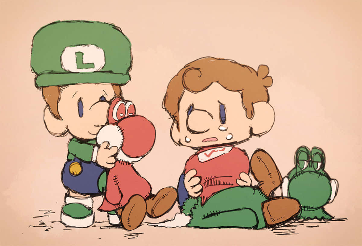 Baby Luigi 桌布 壁紙 — Chibi Luigi 安慰一個哭泣的孩子，同時抱著一個毛絨 Yoshi，附近有一個綠色青蛙毛絨玩具，背景是純桃色。