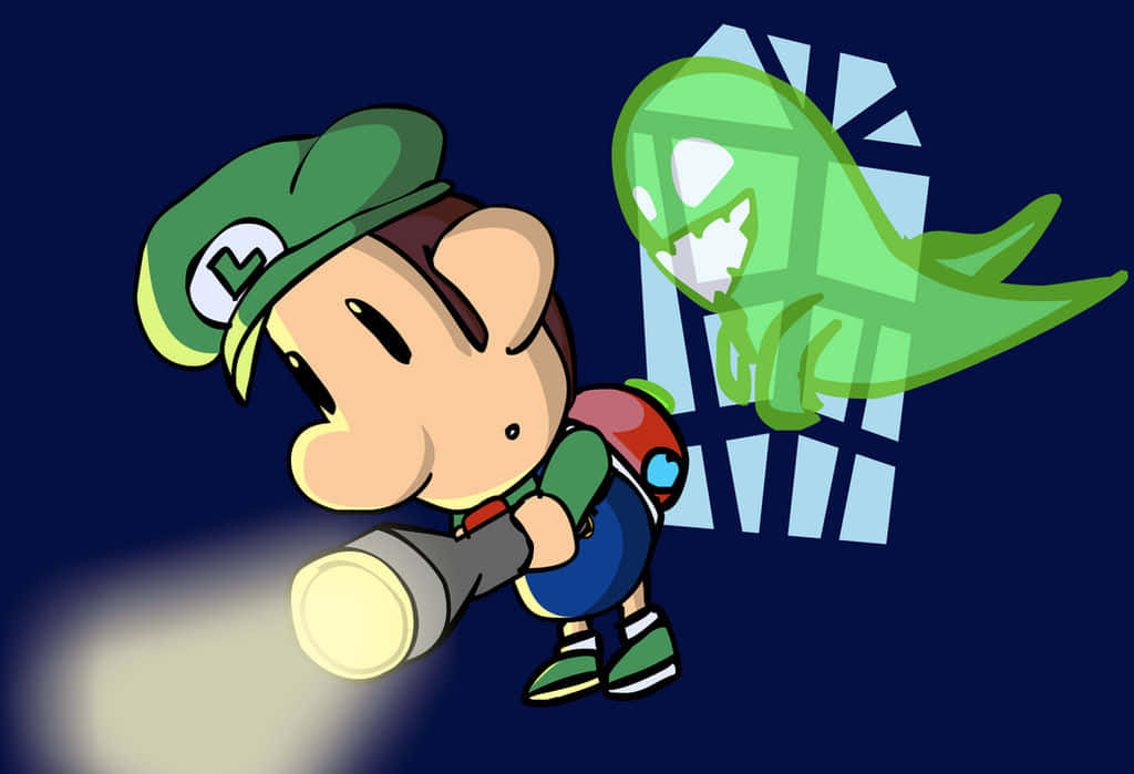 Baby Luigi 桌布 壁紙 — 夜晚，Chibi Luigi 用電筒照射一個從鐵窗窺視的發光綠色鬼魂。