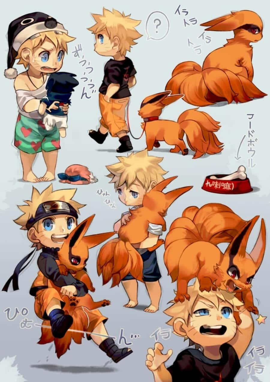 Baby Kurama 桌布 壁紙 — Chibi Naruto 在多個場景中以俏皮和親密的姿勢與他的橙色九尾狐同伴互動。