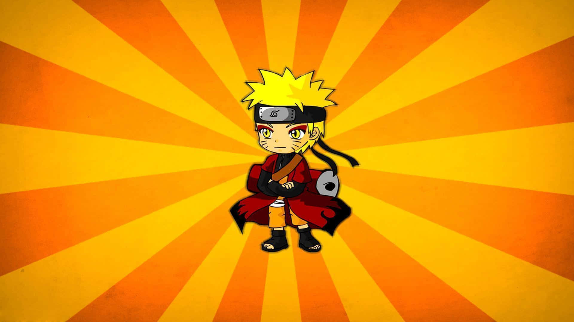 Naruto Sage Mode 桌布 壁紙 — Chibi Naruto 自信地站在充滿活力的橙色太陽爆發背景前，表情堅定。