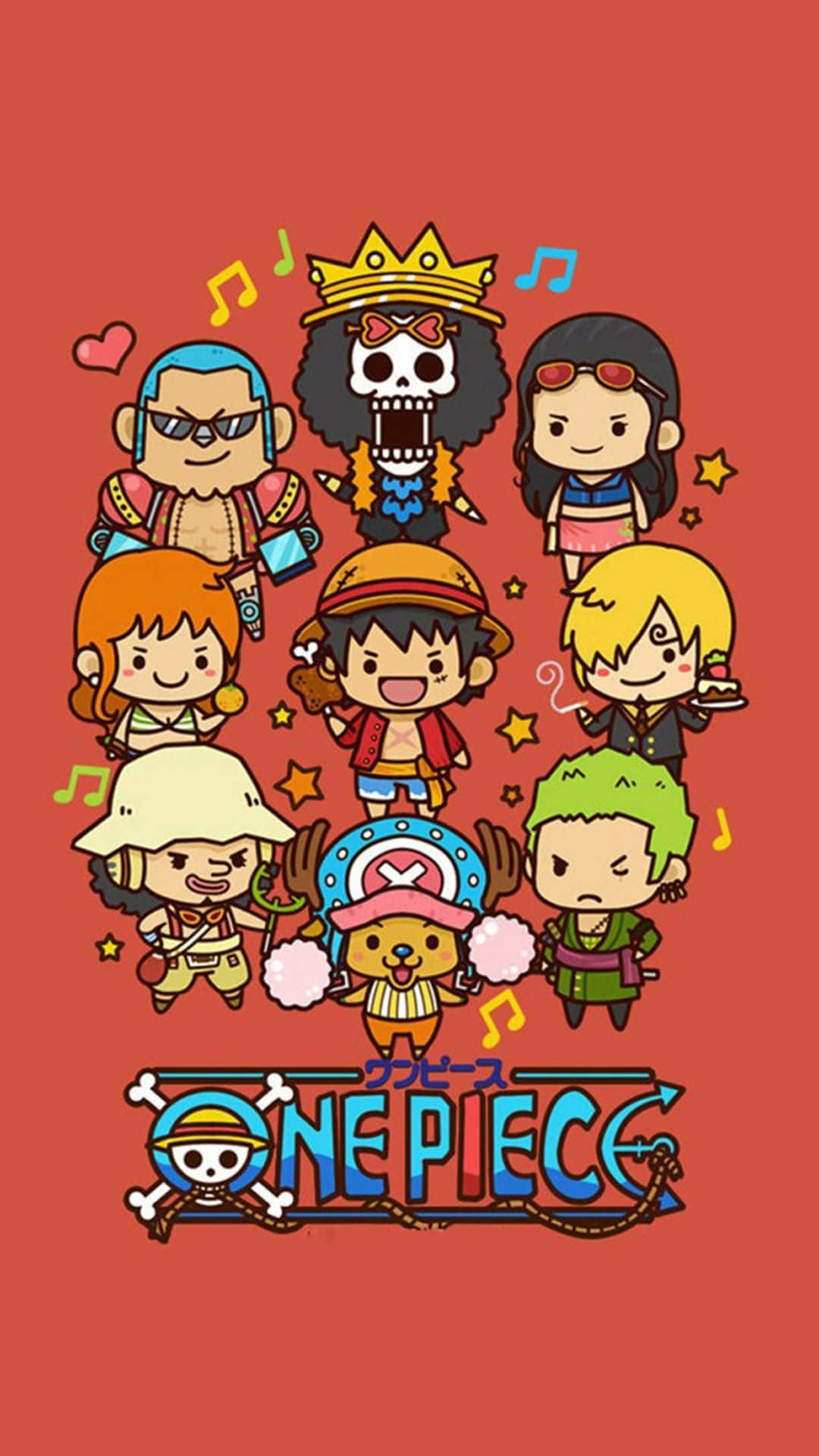 One Piece Characters 桌布 壁紙 — Chibi One Piece 船員角色以色彩繽紛的 chibi 風格呈現，帶有音符和星星，背景為純紅色。
