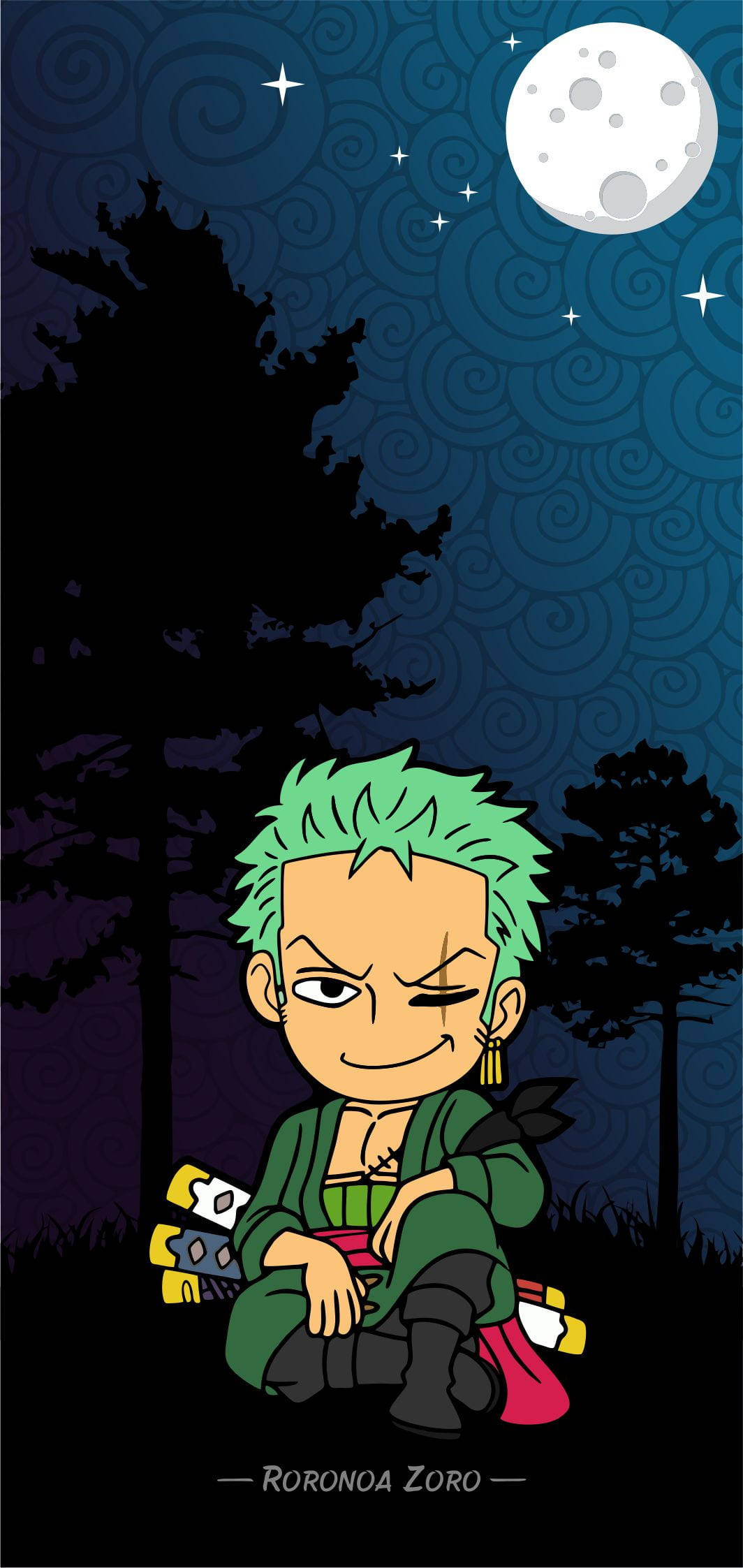 Chibi Zoro 在夜晚的黑暗森林中坐在滿月下。