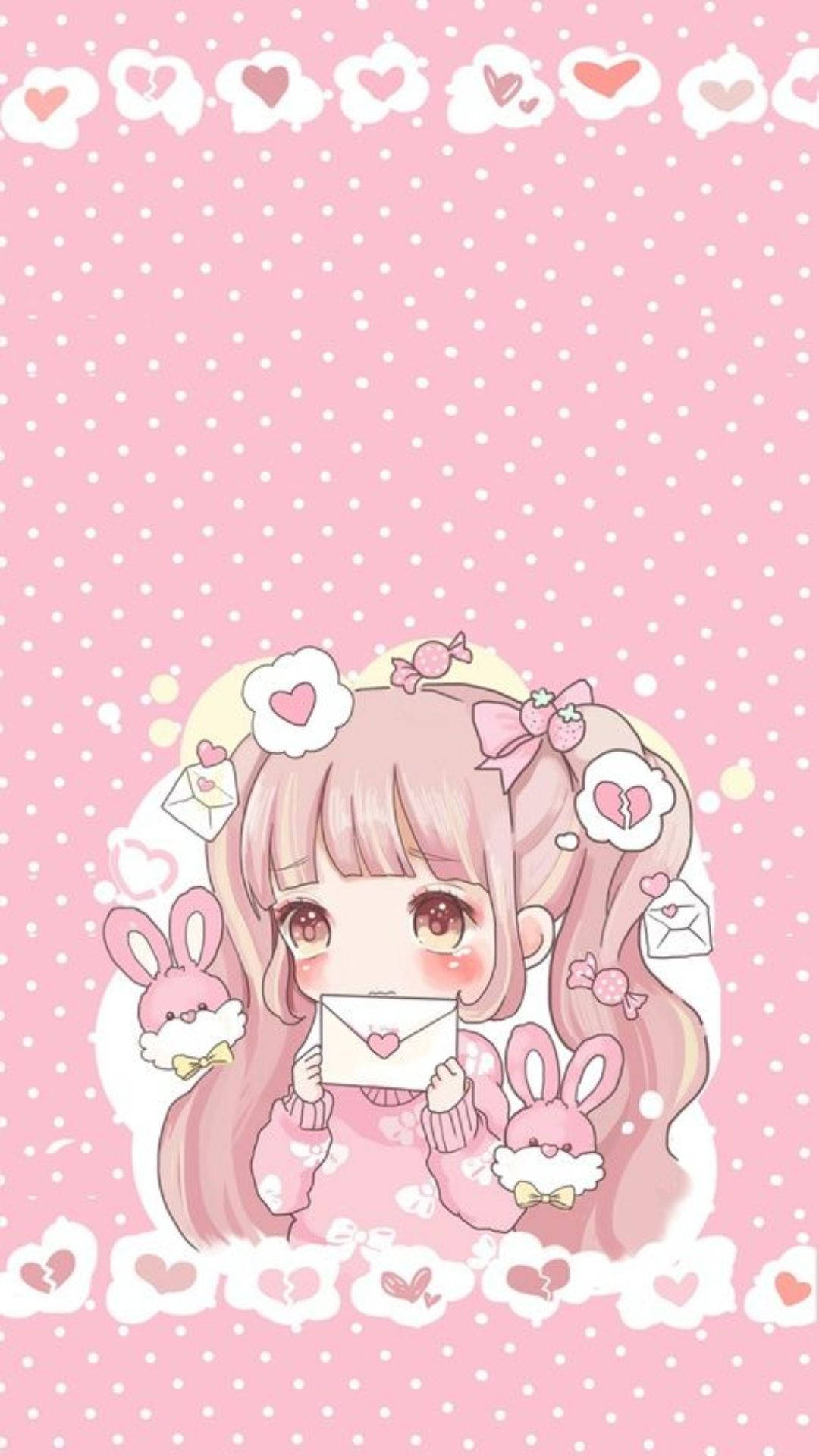 Chibi Rosa 的美學動漫頭像 壁紙 — 一個可愛的粉紅色頭髮動漫女孩，在圓點背景上拿著一個心形信封，周圍有兔子毛絨玩具和漂浮的心形。