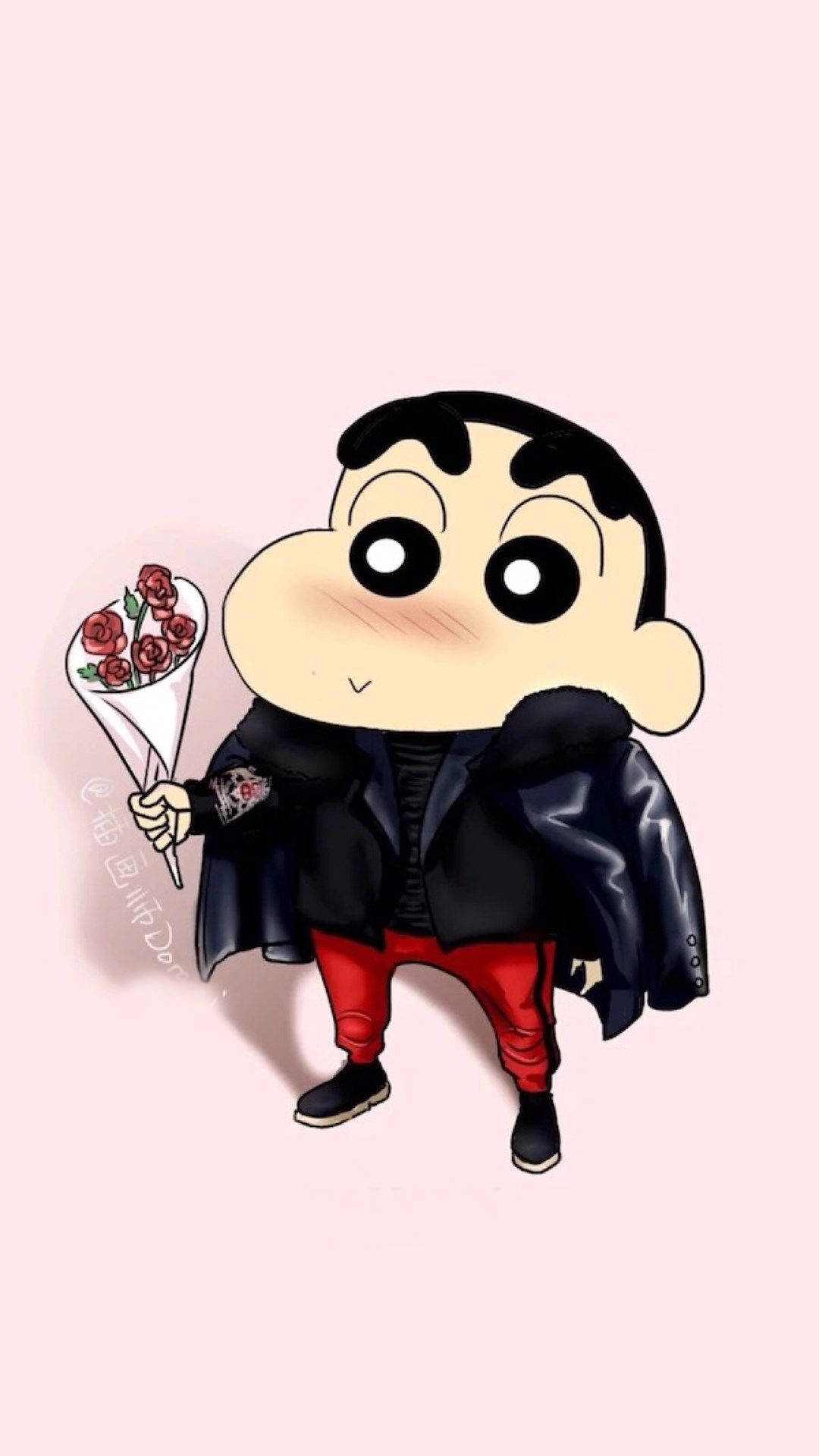 shin chan iPhone 桌布 壁紙 — Chibi Shin-chan 身穿黑色皮褸和紅色褲子，在柔和的粉紅色背景上拿著一束紅玫瑰。