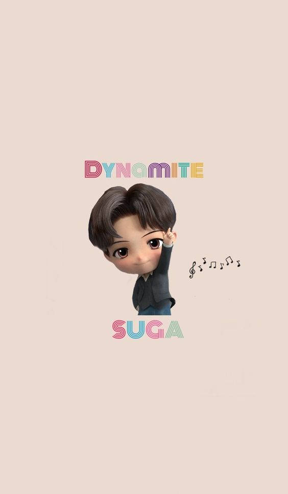 Suga 的 Q 版卡通，帶有「DYNAMITE」和「SUGA」文字及音符。