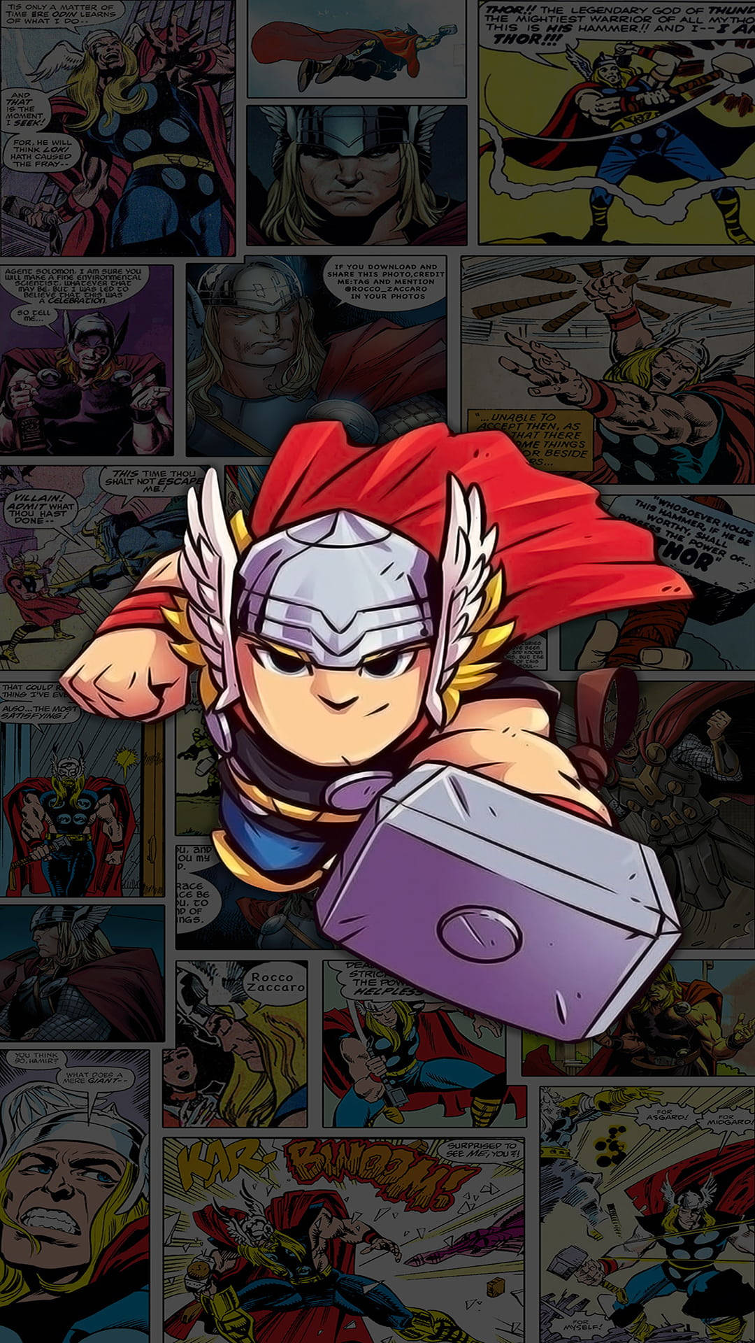雷神 桌布 壁紙 — Chibi Thor 身穿紅色斗篷和帶翼頭盔，揮舞著紫色錘子，背景是漫畫書面板。