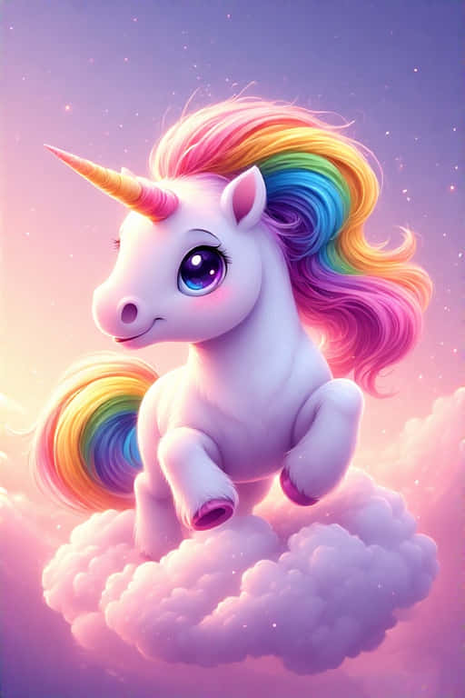 一隻彩虹鬃毛的獨角獸坐在點綴星星的粉彩天空中的雲朵上