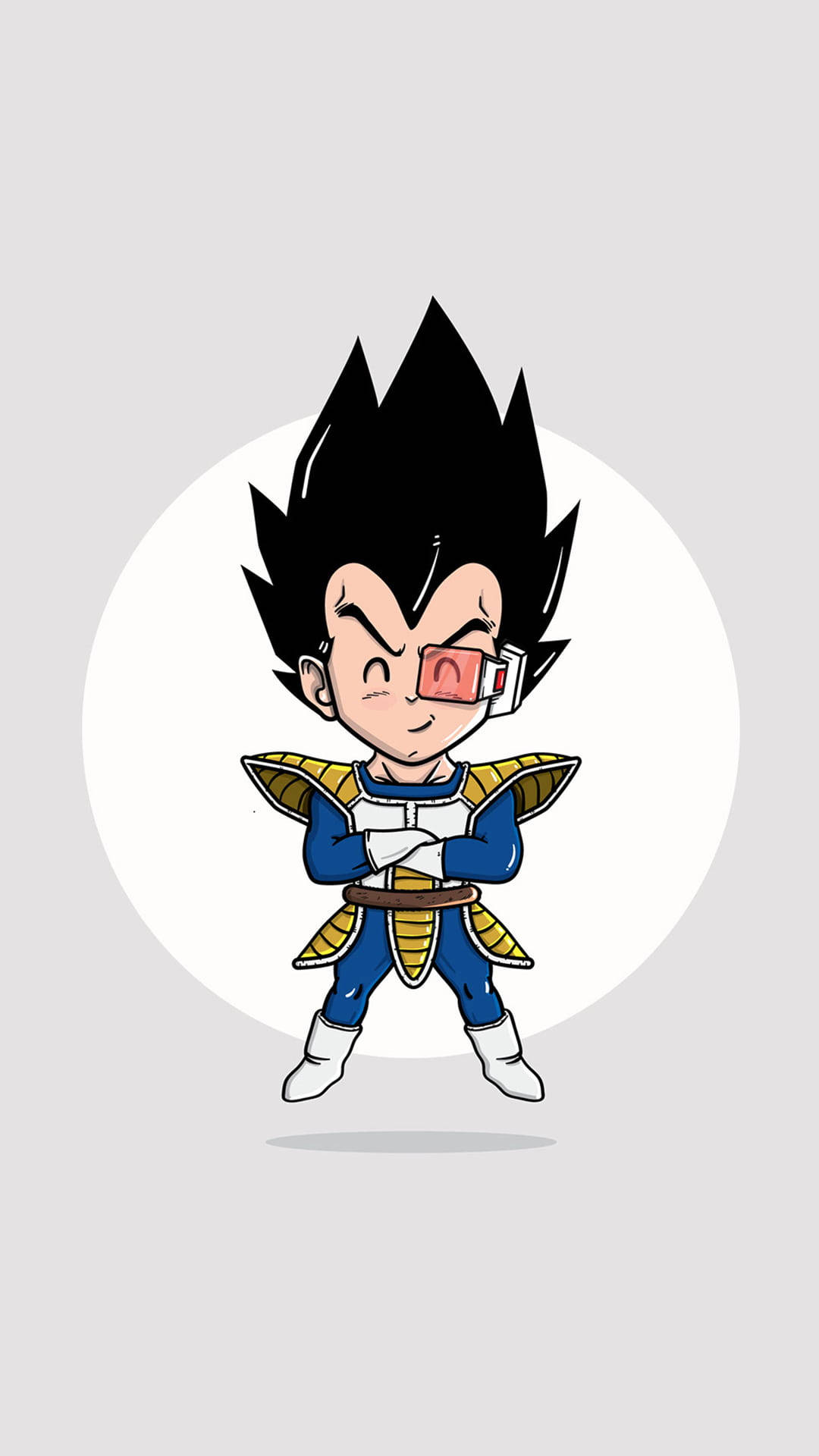 比達 桌布 壁紙 — Chibi Vegeta 身穿藍金色撒亞人盔甲，雙臂交叉，自信地站在純灰色背景前。