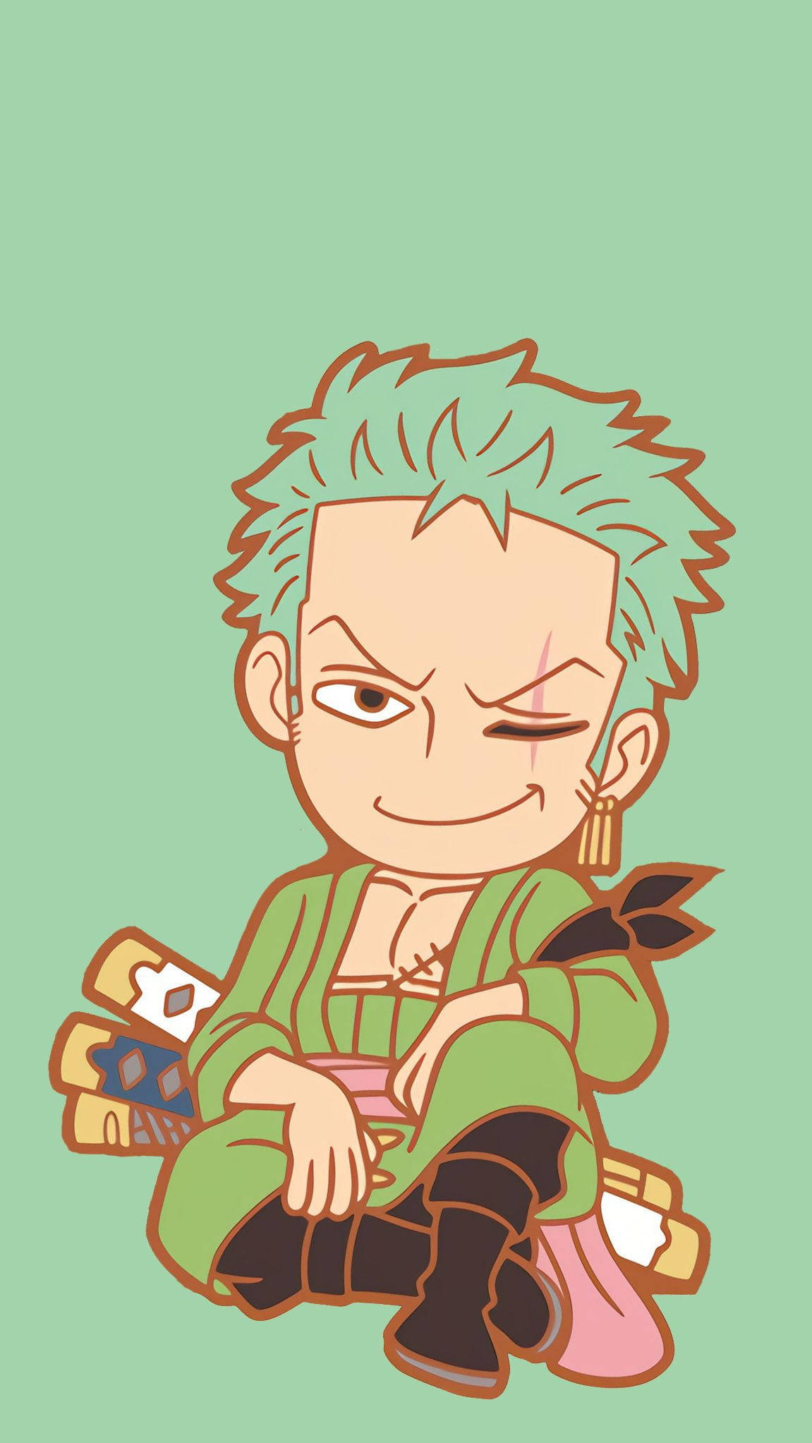 Chibi Zoro 在薄荷綠色背景中持劍而坐。