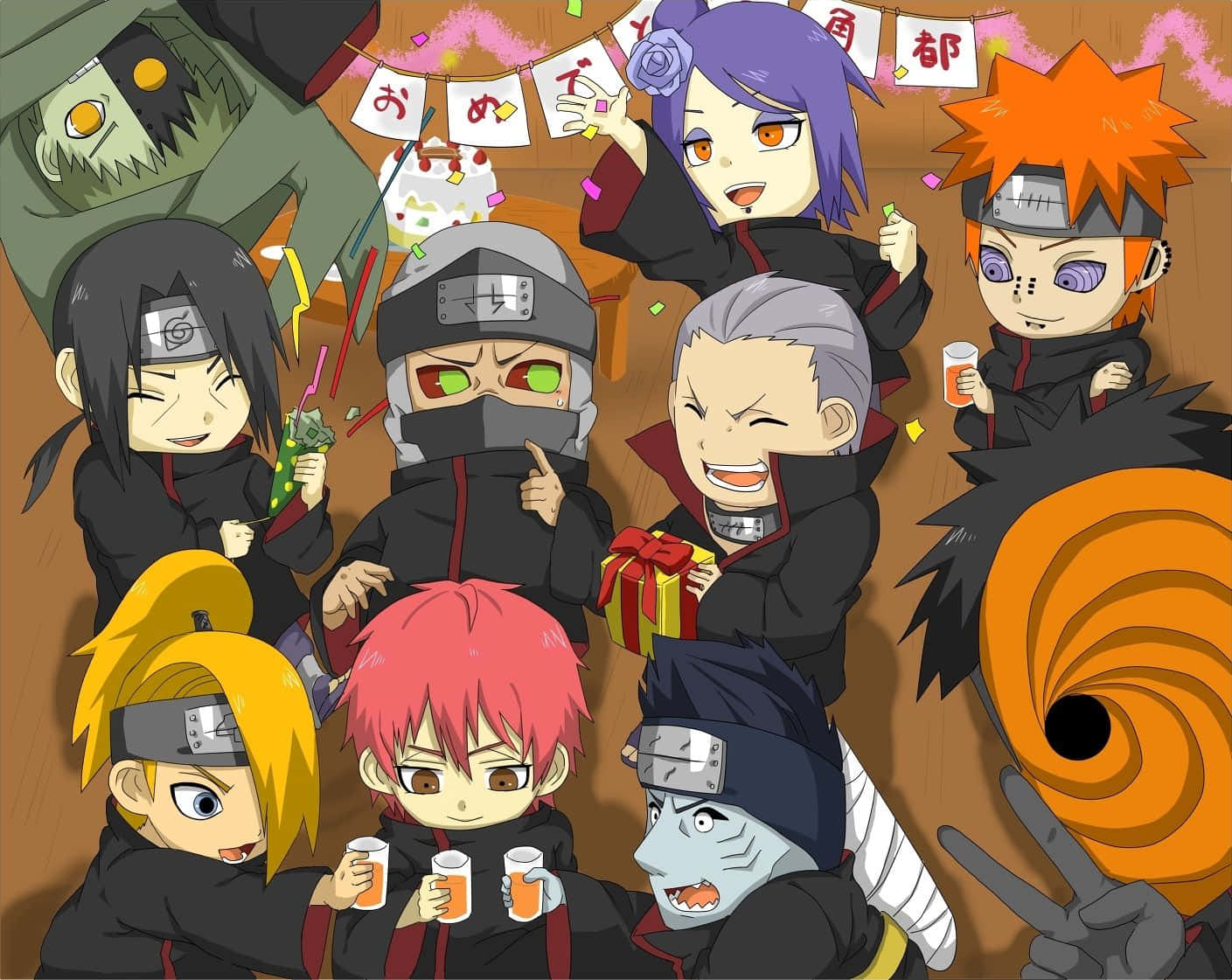 Akatsuki Chibi 桌布 壁紙 — Chibi動畫忍者喺木房間入面用飲品、禮物同五彩紙屑慶祝節日派對。