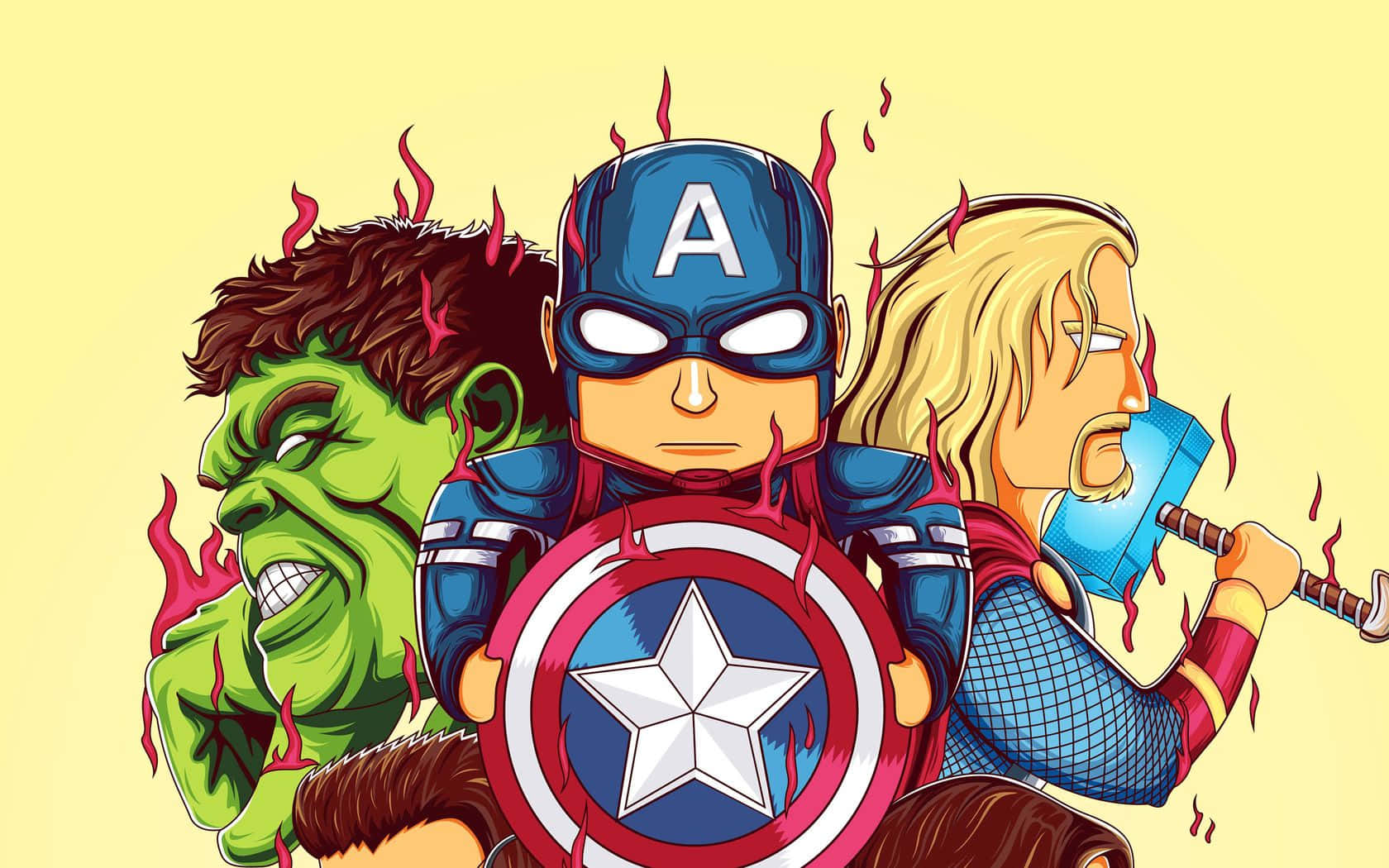Earth's Mightiest Heroes 桌布 壁紙 — Chibi風格復仇者聯盟三人組，包括變形俠醫、雷神和美國隊長，在淡黃色背景上擺出火熱的動作姿勢。
