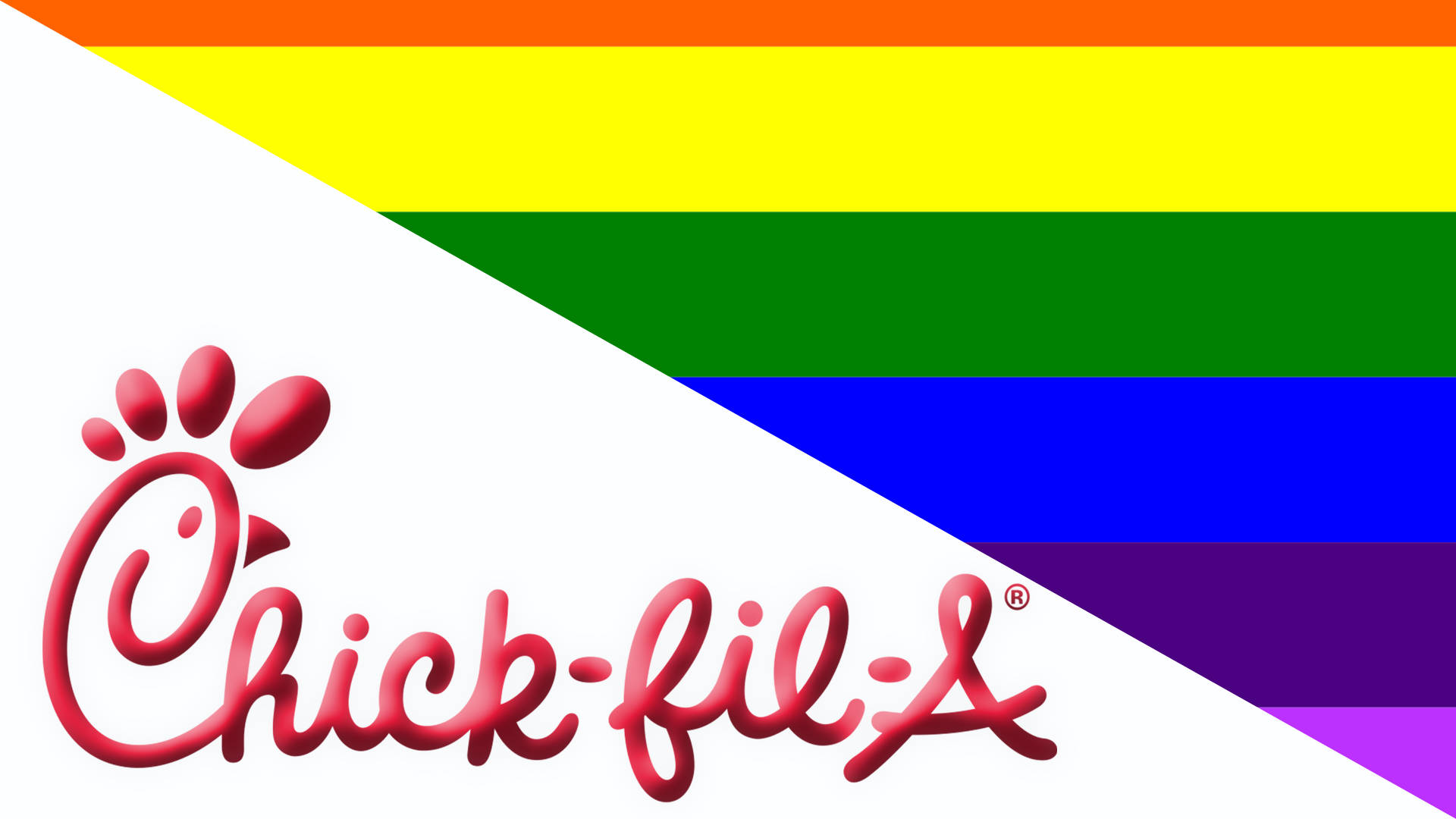 Chick Fil A 彩虹海報 壁紙 — Chick-fil-A 標誌以紅色字體印在白色斜線上，背景為彩虹旗條紋。