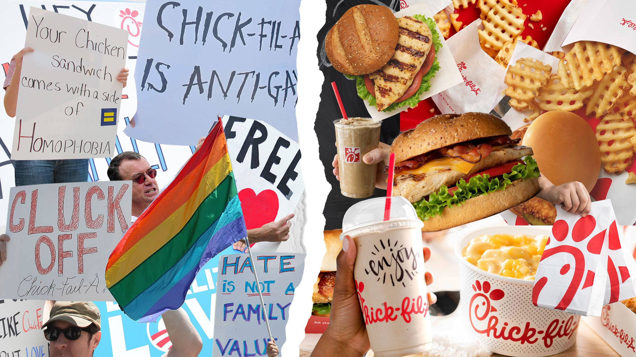 Chick-fil-A永不停歇的爭議引發熱烈討論 壁紙 — 抗議者舉著彩虹旗和標語反對Chick-fil-A，背景是其雞肉三文治、窩夫薯條和飲品的拼貼畫。