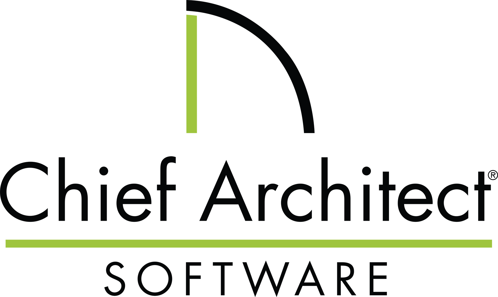 Chief Architect 軟體標誌 壁紙 — 極簡抽象設計，以白色背景襯托大膽的黑色和青檸綠色幾何形狀。