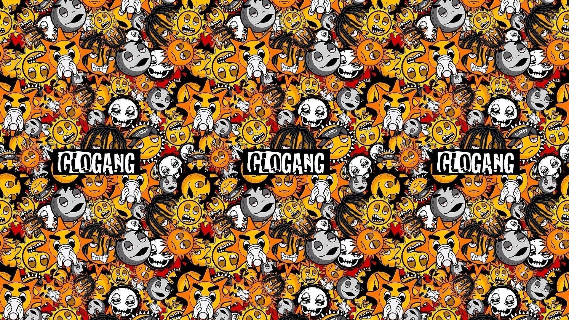 牆紙上有重複的卡通骷髏頭和粗體的glogang文字，顏色為橙色、黑色和灰色。