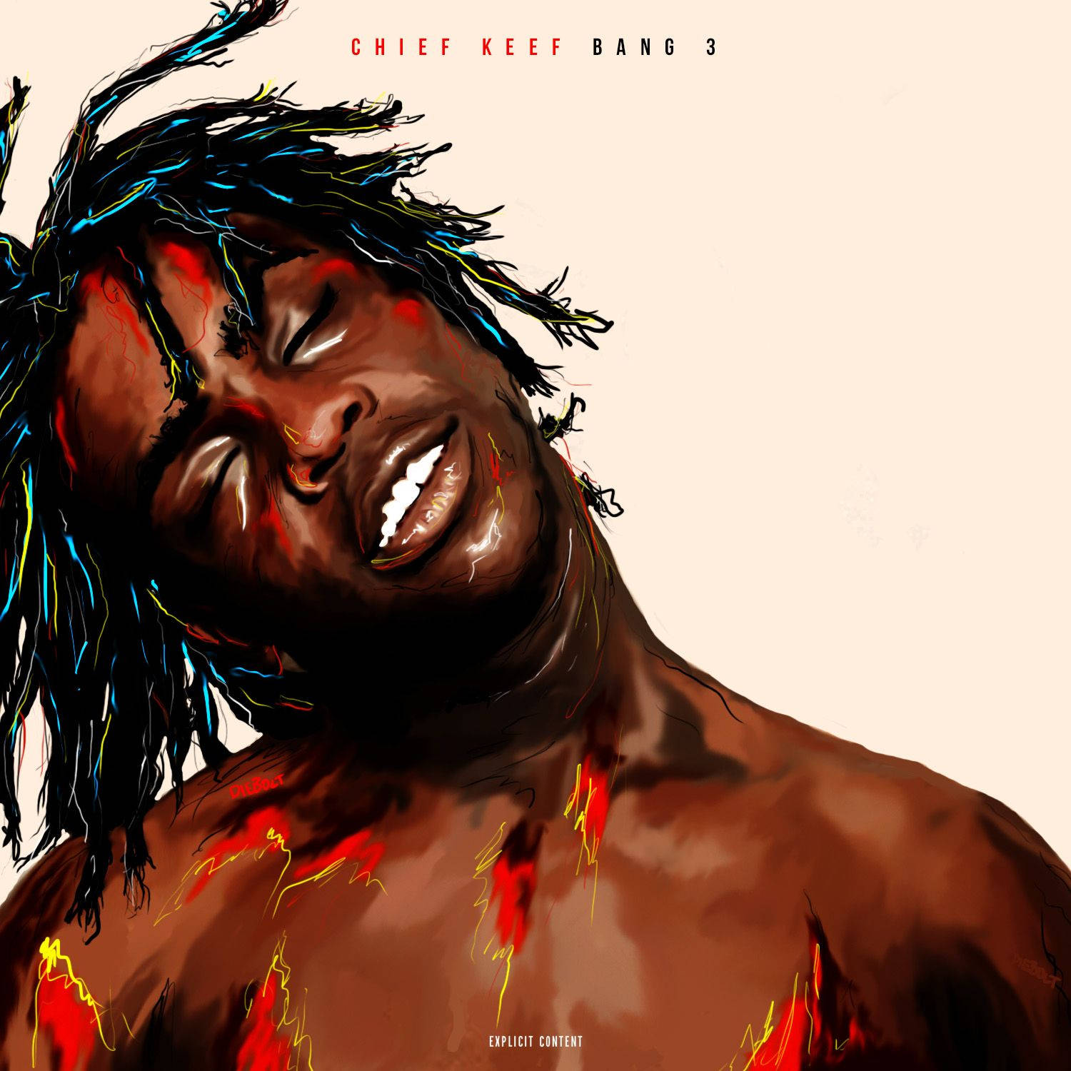 數位插圖中，Chief Keef 有色彩繽紛的辮子和皮膚上火紅的條紋。