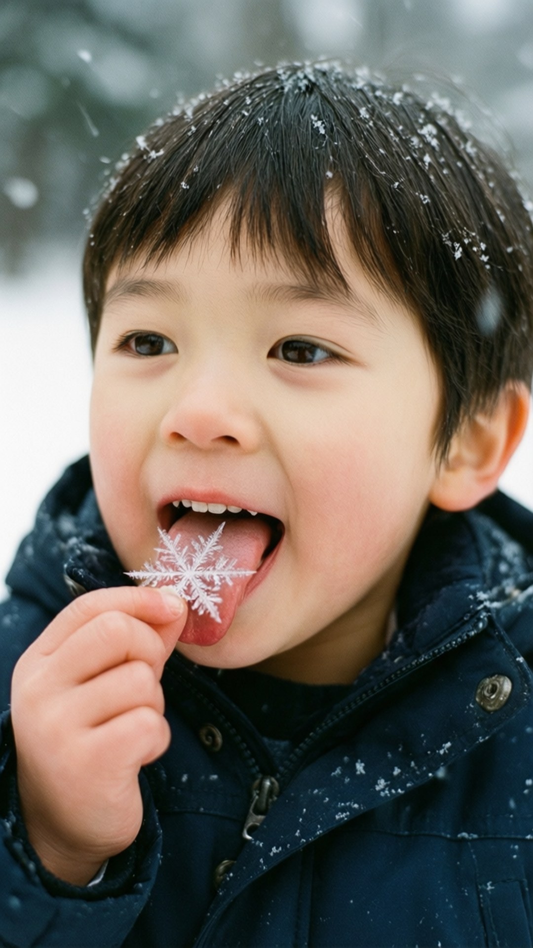 冬天穿著藍色外套在戶外品嚐雪花的孩子