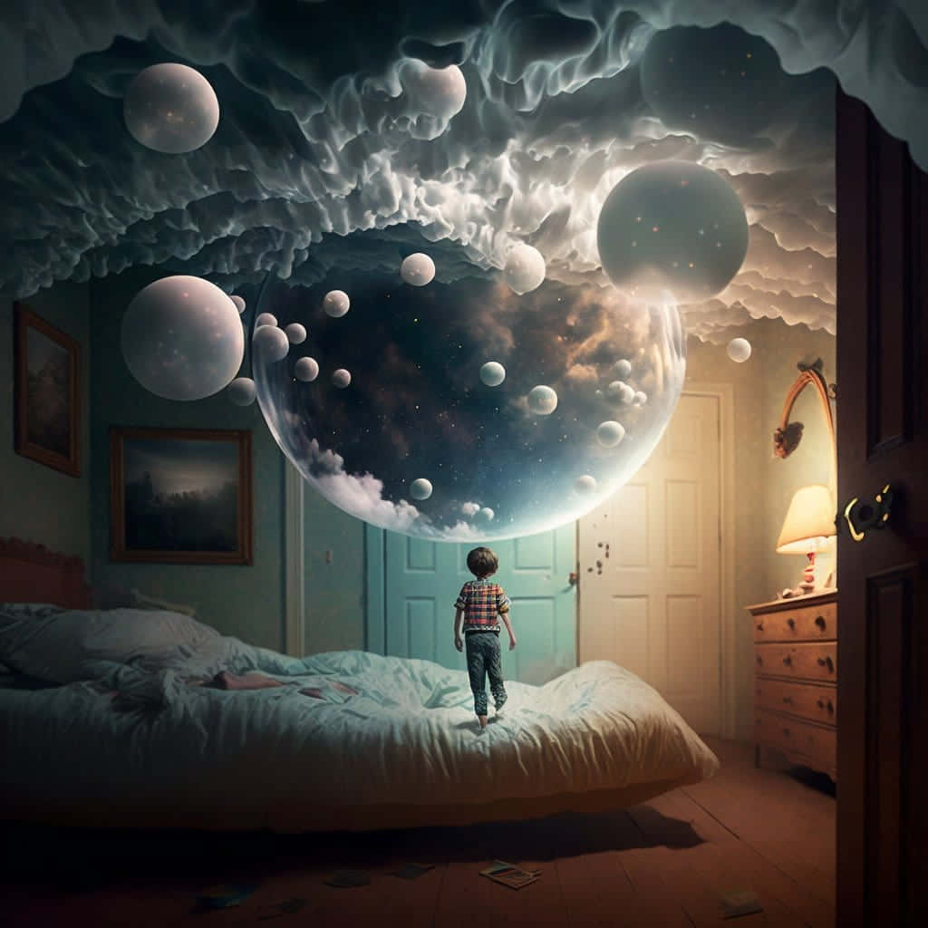  壁紙 — 一個孩子站在舒適臥室的床上，一個充滿星星和漂浮行星的巨大泡泡衝破天花板。