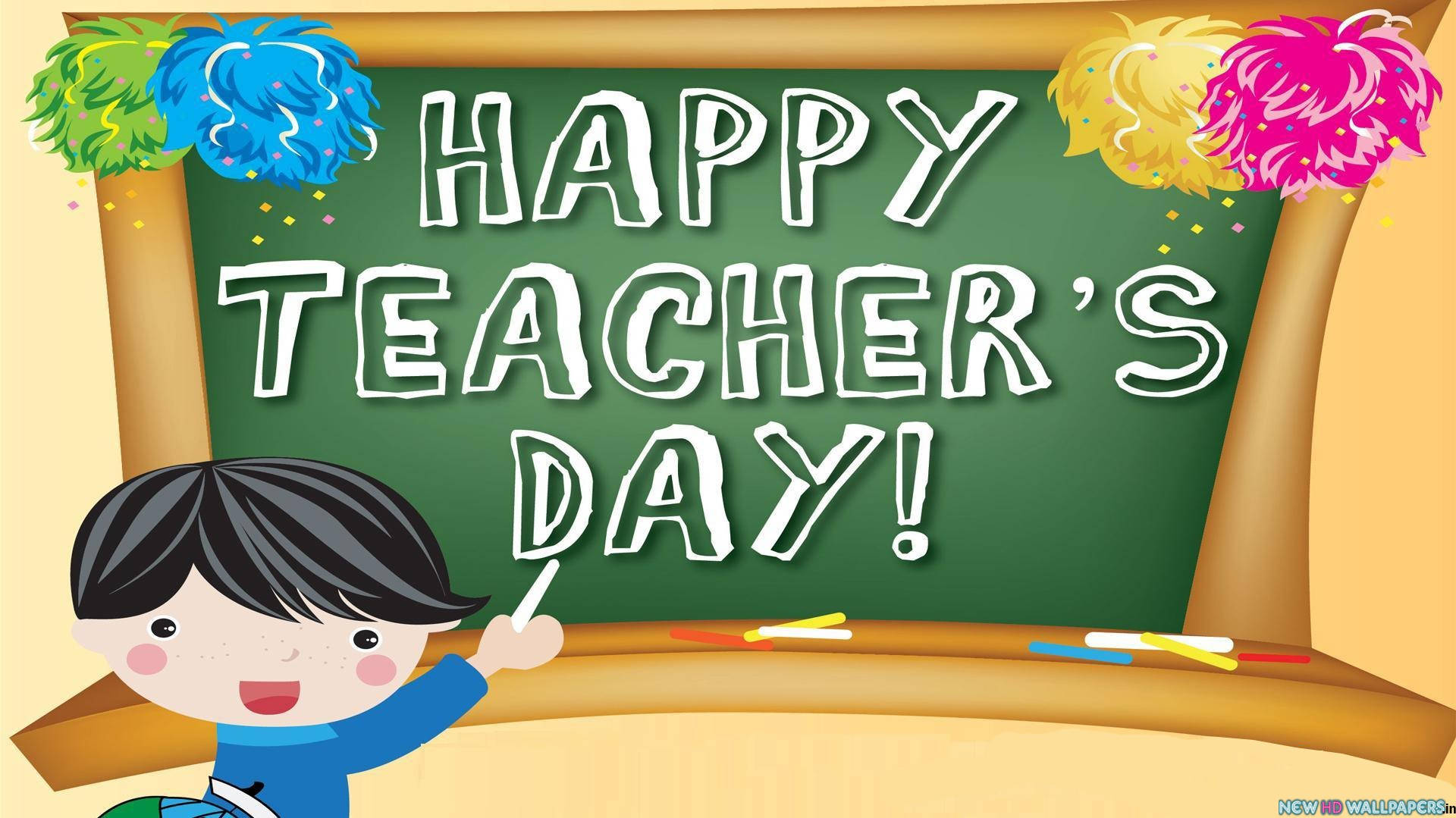 小孩指著帶有「Happy Teacher's Day」訊息和絨球的黑板。
