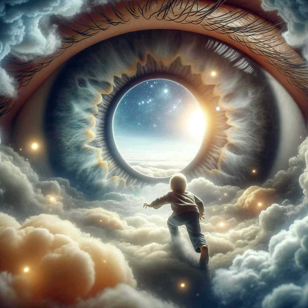  壁紙 — 一個孩子穿過發光的雲層跑向一個巨大的眼睛，露出星空和燦爛的太陽。