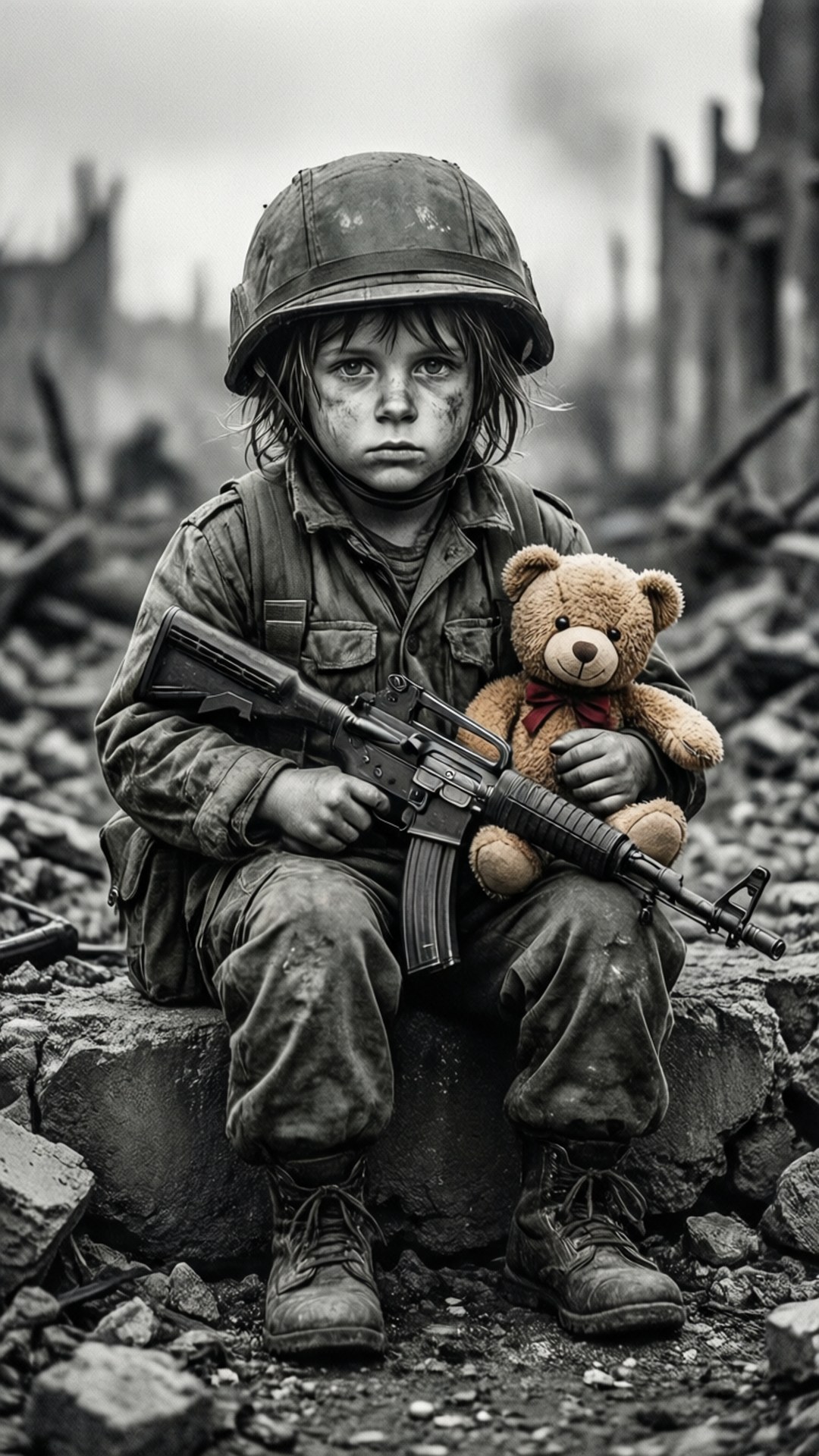 穿著軍裝的小孩在戰爭廢墟中手持步槍和泰迪熊