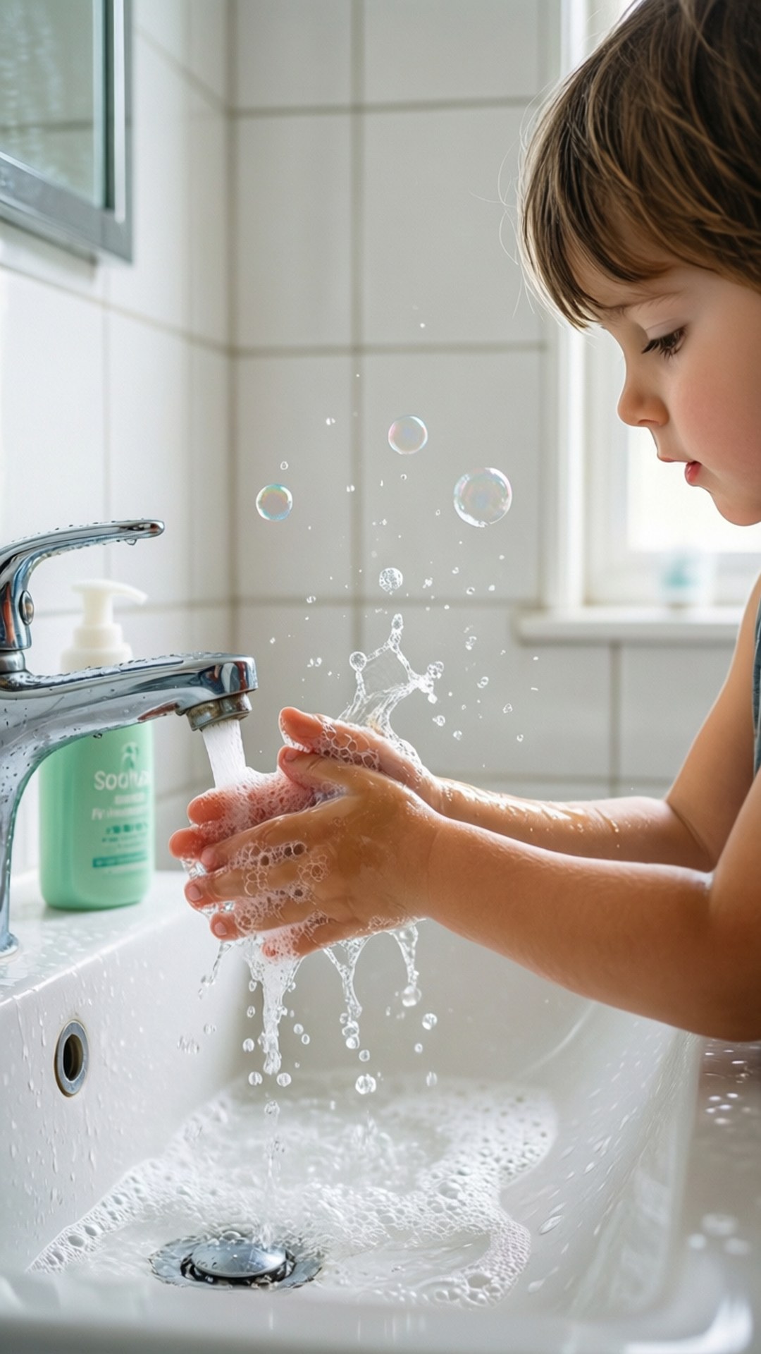 National Child Health Day 桌布 壁紙 — 一個小孩在明亮的浴室洗手盆中用流水洗手，周圍漂浮著肥皂泡。
